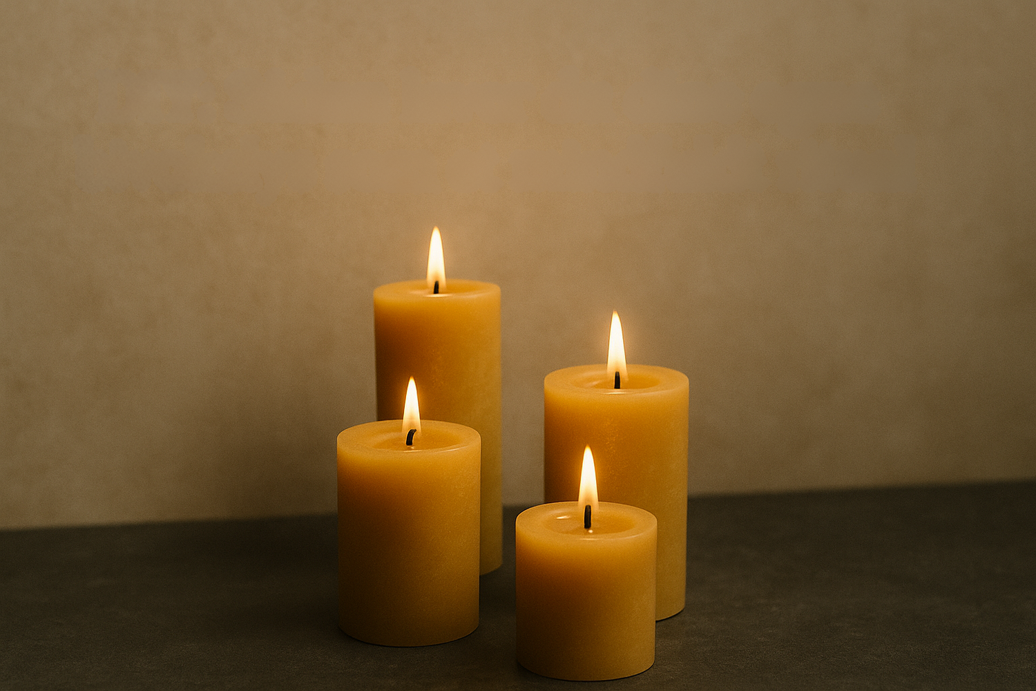 Fire håndstøbte bivokslys med varm glød på mørk overflade – symbol på ro og nærvær i et mindfult DIY-ritual