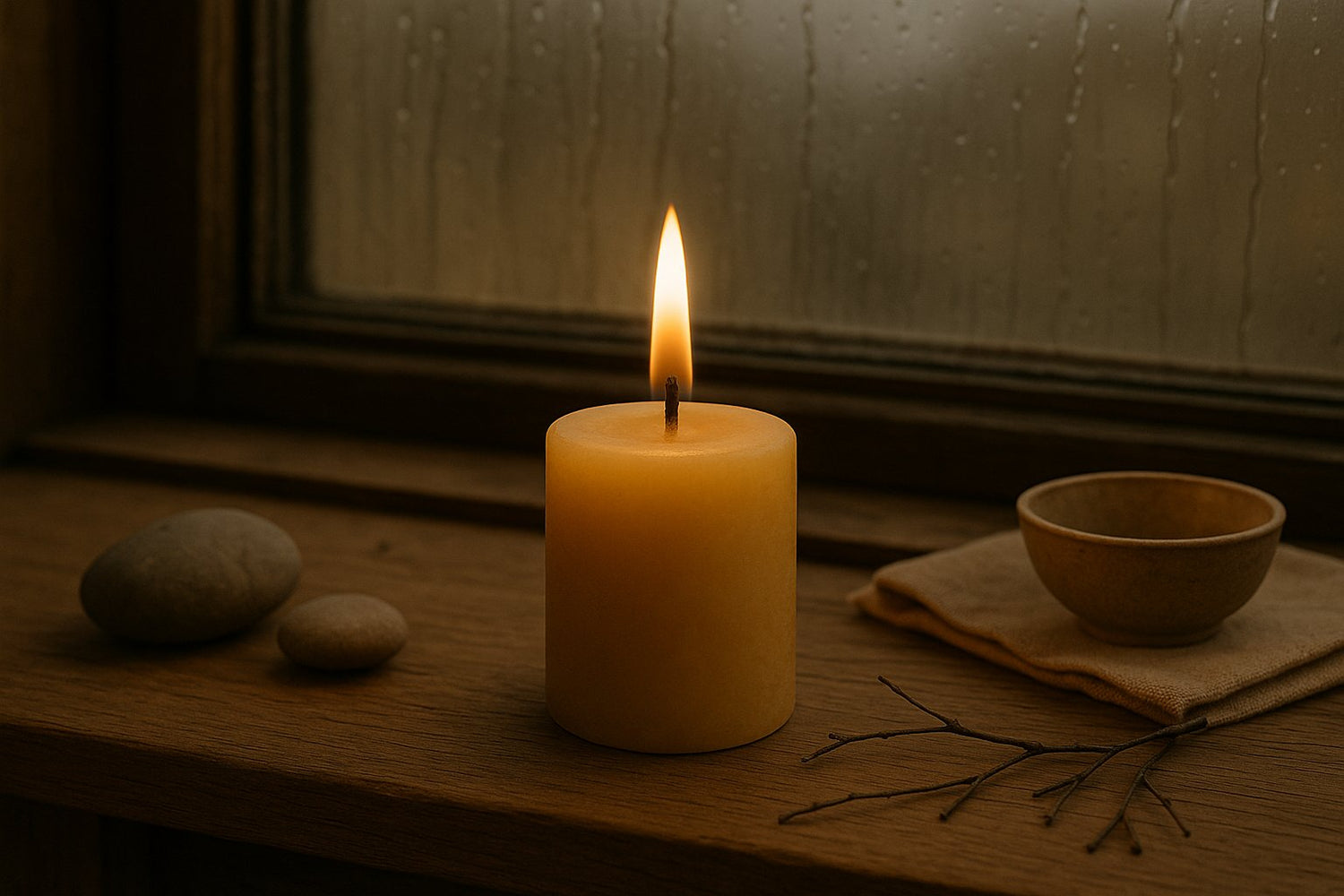 Bivokslys på vindueskarm en regnvejrsdag – et miljøvenligt og bæredygtigt alternativ til almindelige stearinlys, der forbedrer indeklimaet.