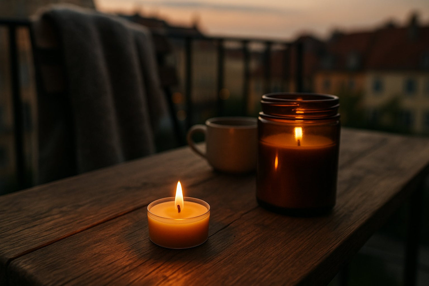 Et bivoks fyrfadslys og et glaslys i brunt apotekerglas står tændt på et altanbord i skumringen. En kop og et tæppe skaber baggrundens varme stemning med byens tage i blødt fokus.