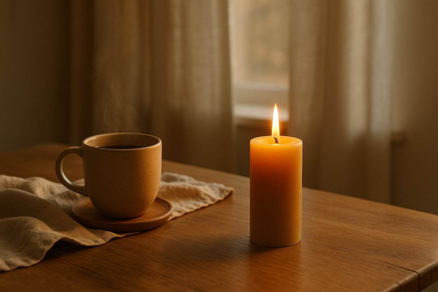Et roligt morgenbord med et tændt bivokslys og en kop dampende te i varmt, gyldent lys.