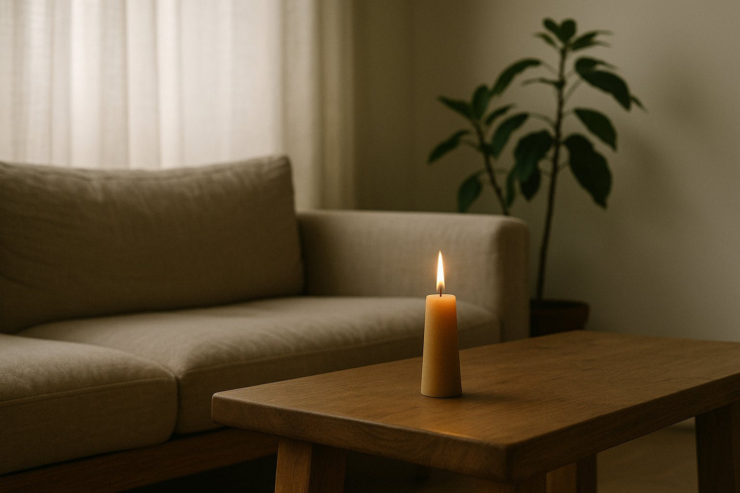 Levende lys i bæredygtig stue med bivoks bloklys, sofa og indretning i naturmaterialer