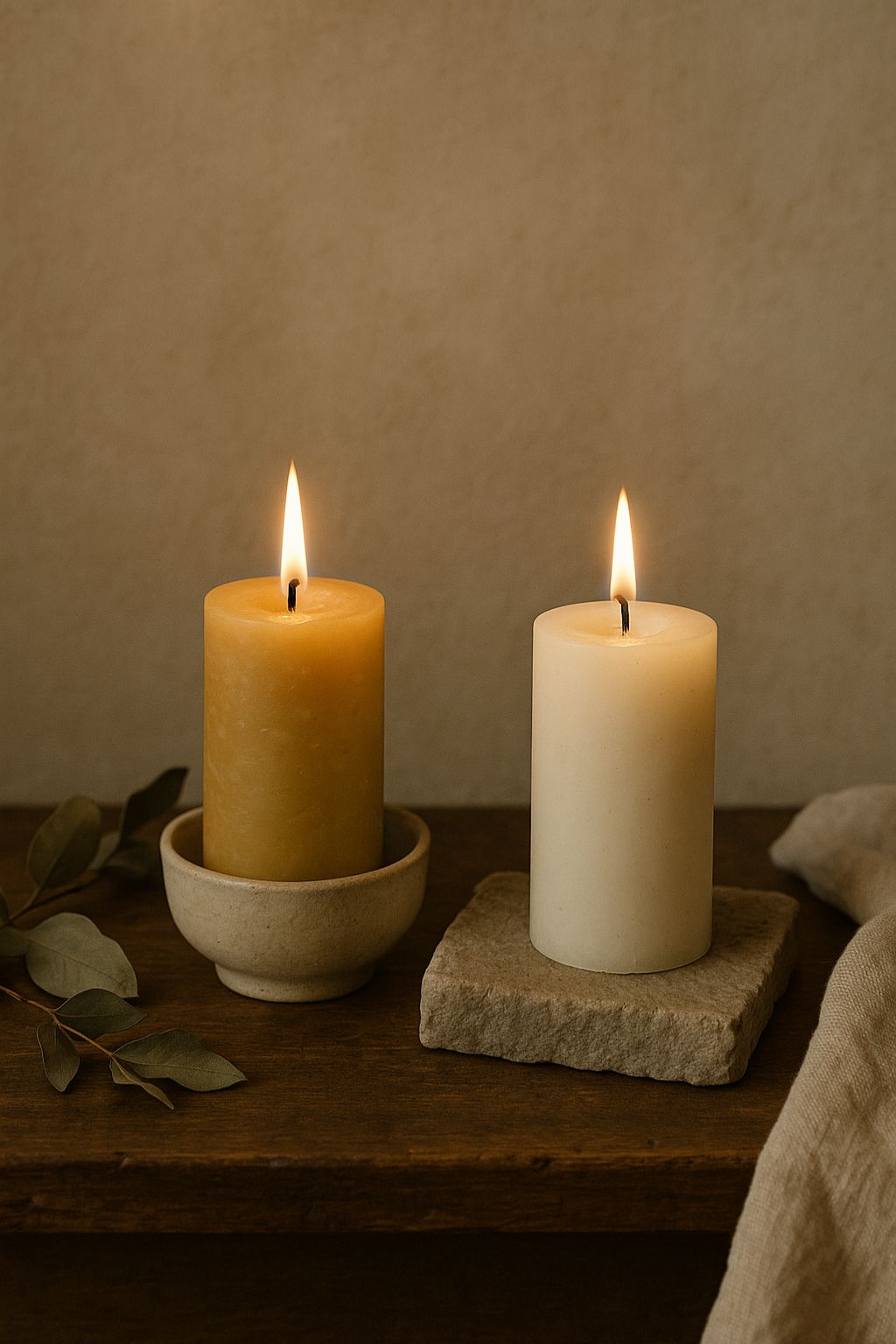 To store bivoks bloklys i hvid og naturlig gul på stentallerken og træbord med eukalyptusblade – enkle og ærlige