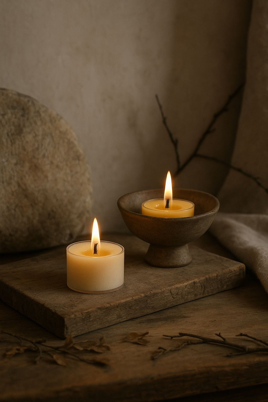 To tændte bivoks fyrfadslys i naturgul og hvid – sat i wabi-sabi-inspirerede skåle på træ og sten