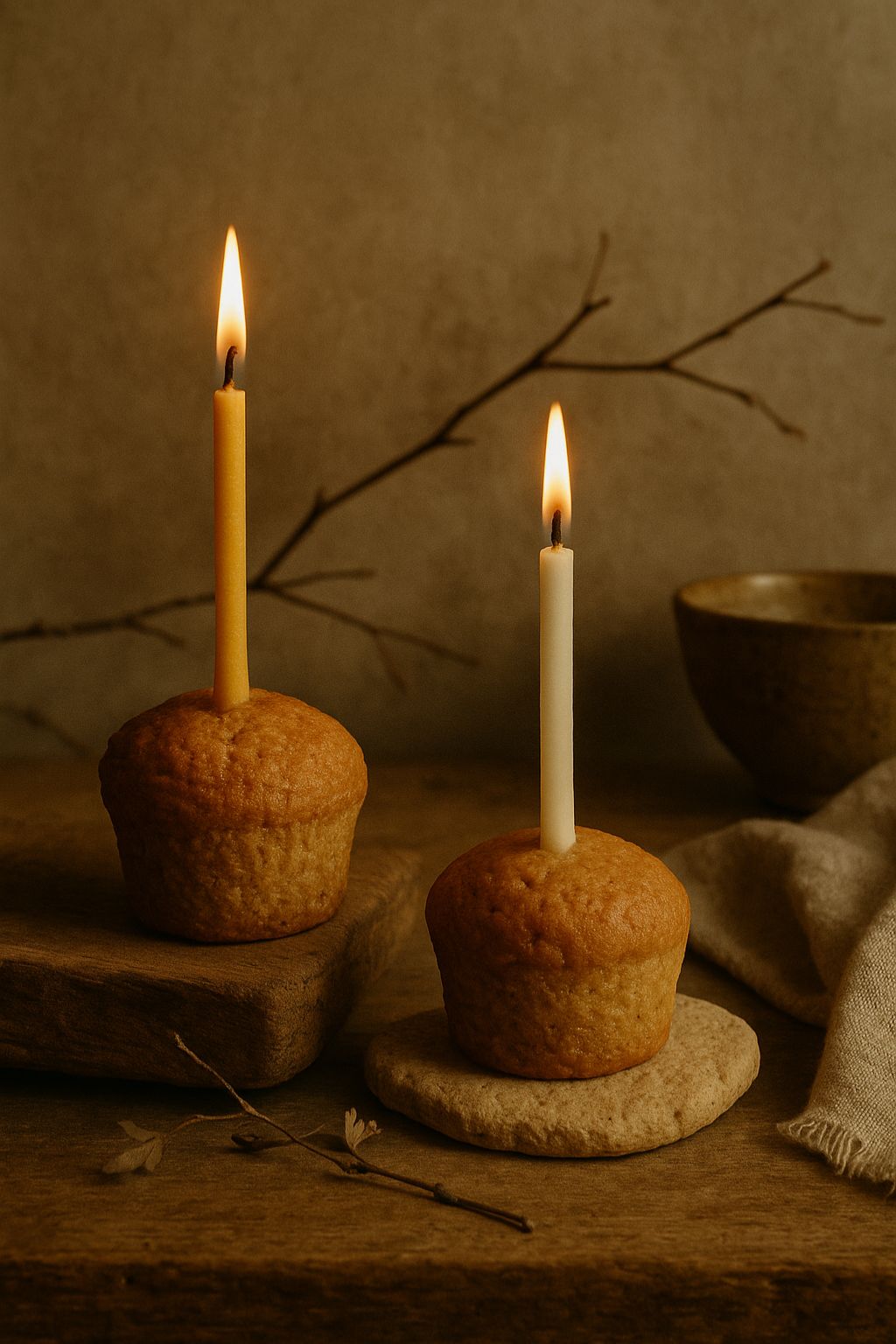 To tændte bivoks kagelys i hvid og gul, sat i muffins – naturligt og enkelt pyntet til fødselsdag