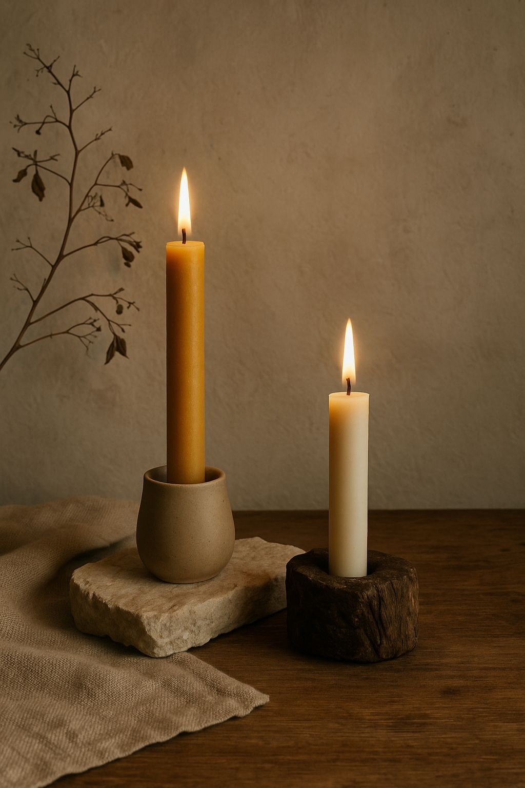 To tændte bivoks stagelys i hver sin naturlige farve, placeret i enkle stager af keramik og træ – minimalistisk og stemningsfuldt