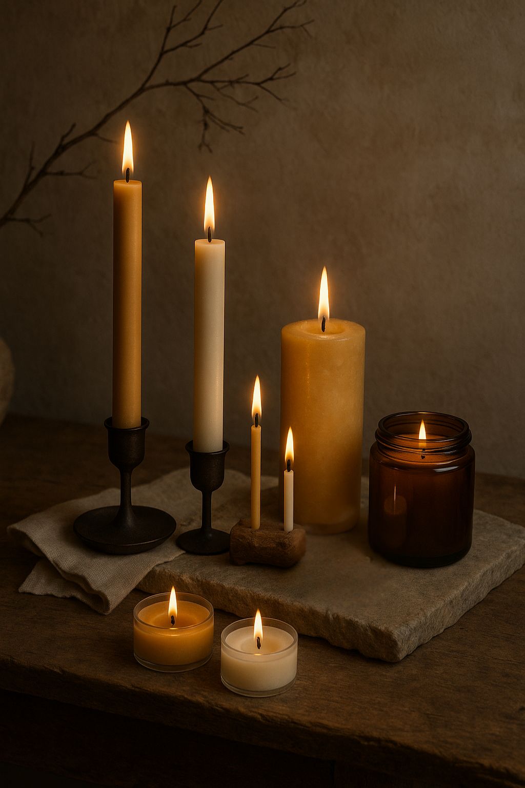 Bivokslys i forskellige former – stagelys, bloklys, fyrfadslys og kagelys – arrangeret i varme wabi-sabi omgivelser på træbord