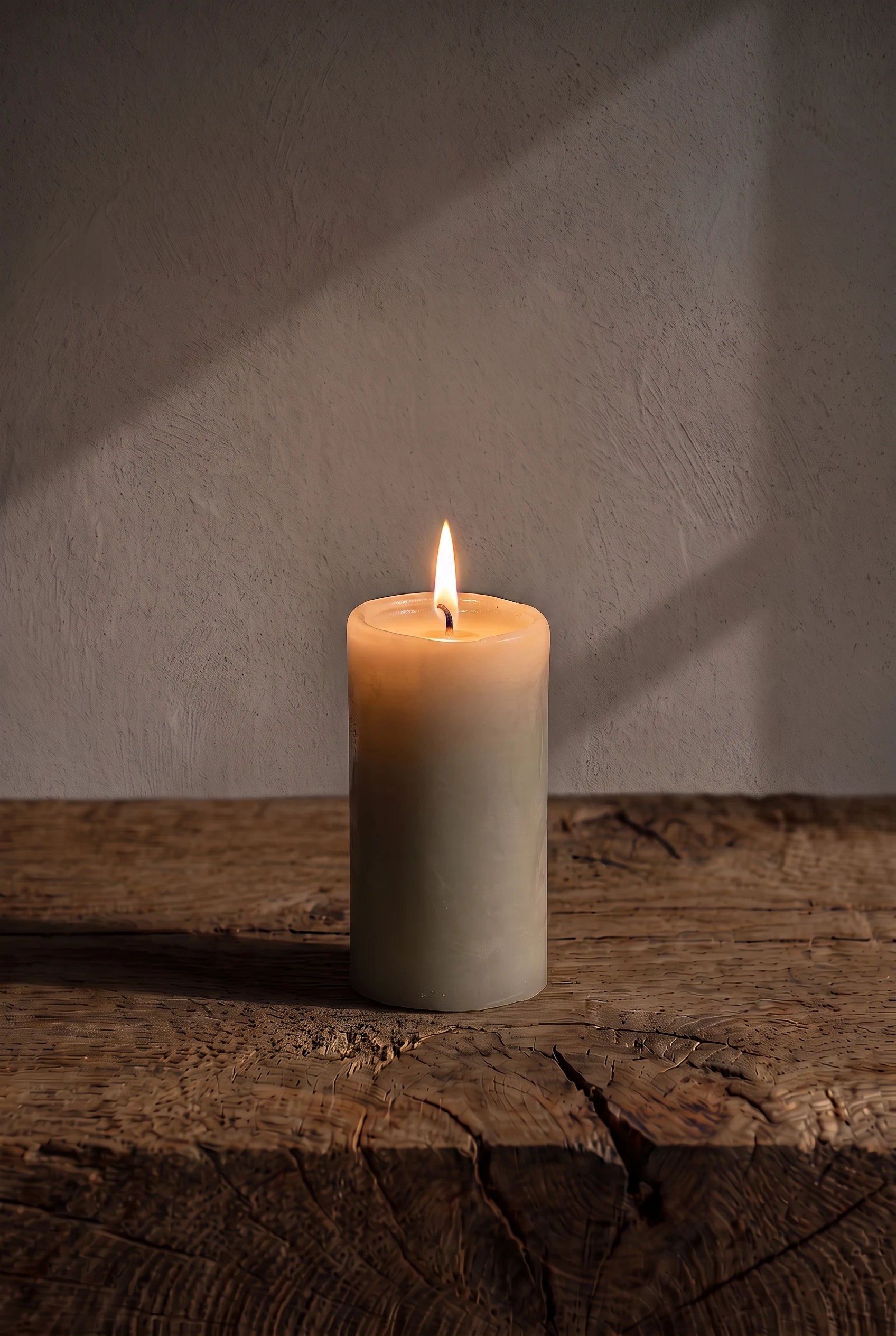 Det råhvide bloklys tændt om aftenen, hvor den varme flamme lægger et roligt skær hen over egetræet og den lyse væg.