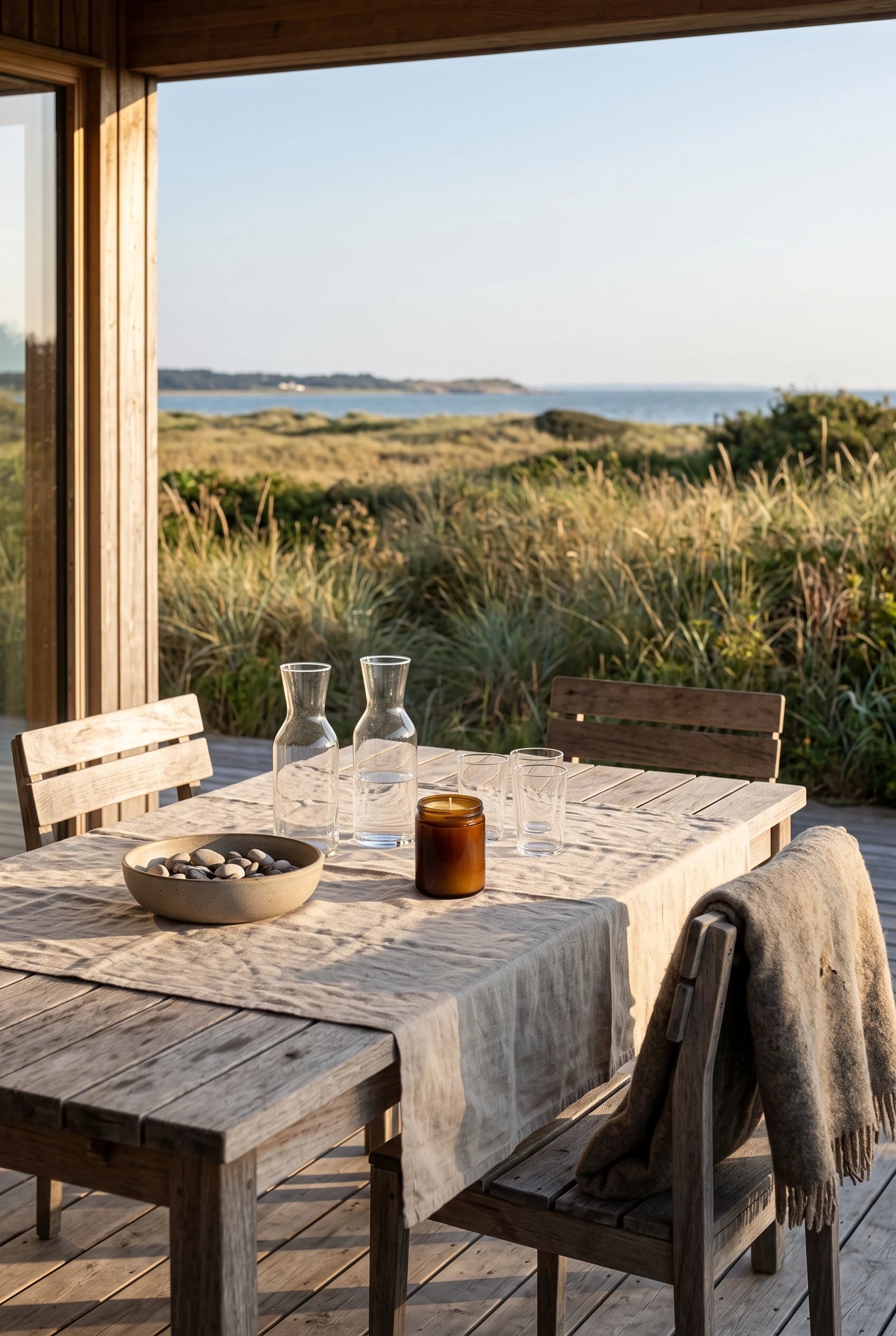 Sommerhusets træveranda med udsigt over klitter og hav — et enkelt dækket bord med hørdug, og Reden bivokslys i gylden voks i brun krukke midt på bordet.