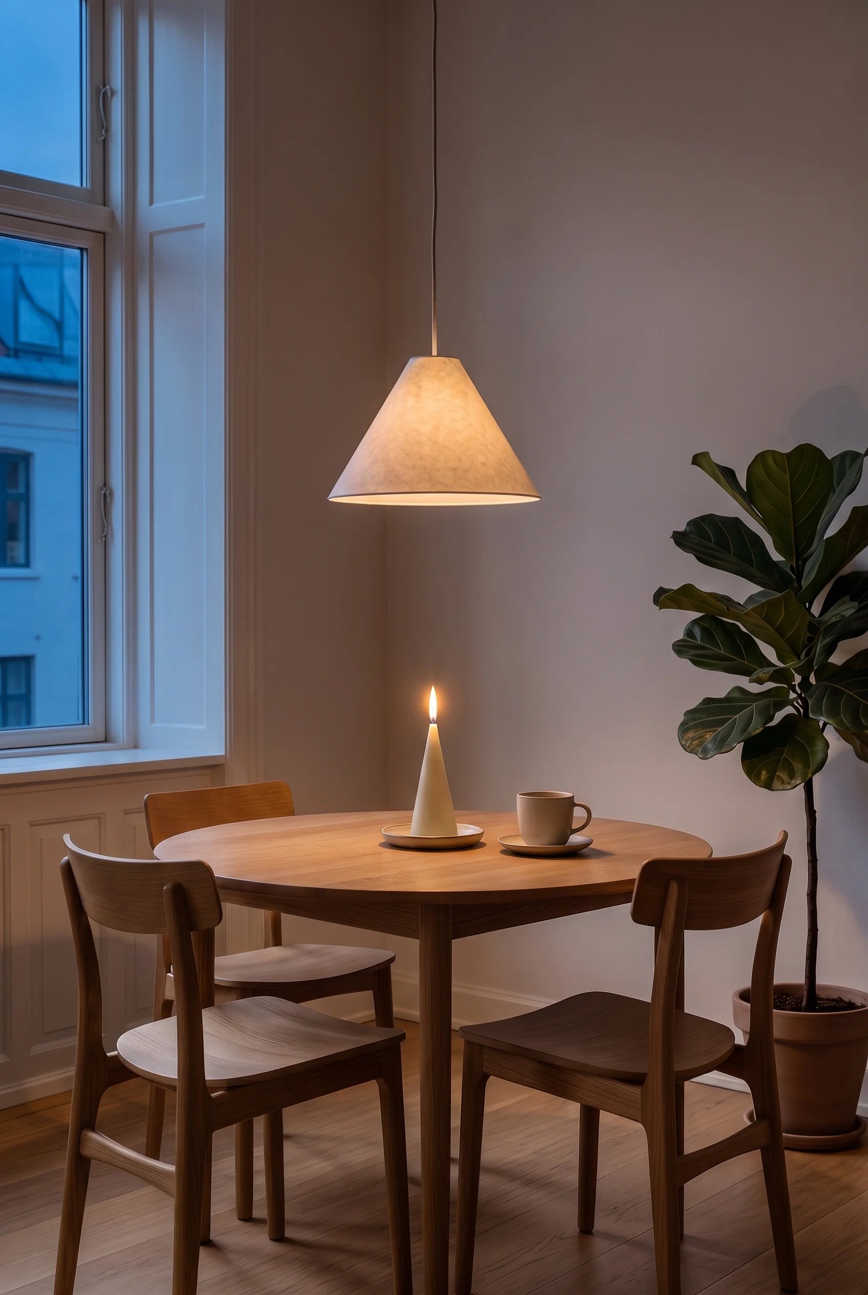 Et tændt keglelys i råhvid bivoks på morgenbordet om aftenen — pendlen gløder dæmpet over bordet, og flammen er rummets varmeste punkt.