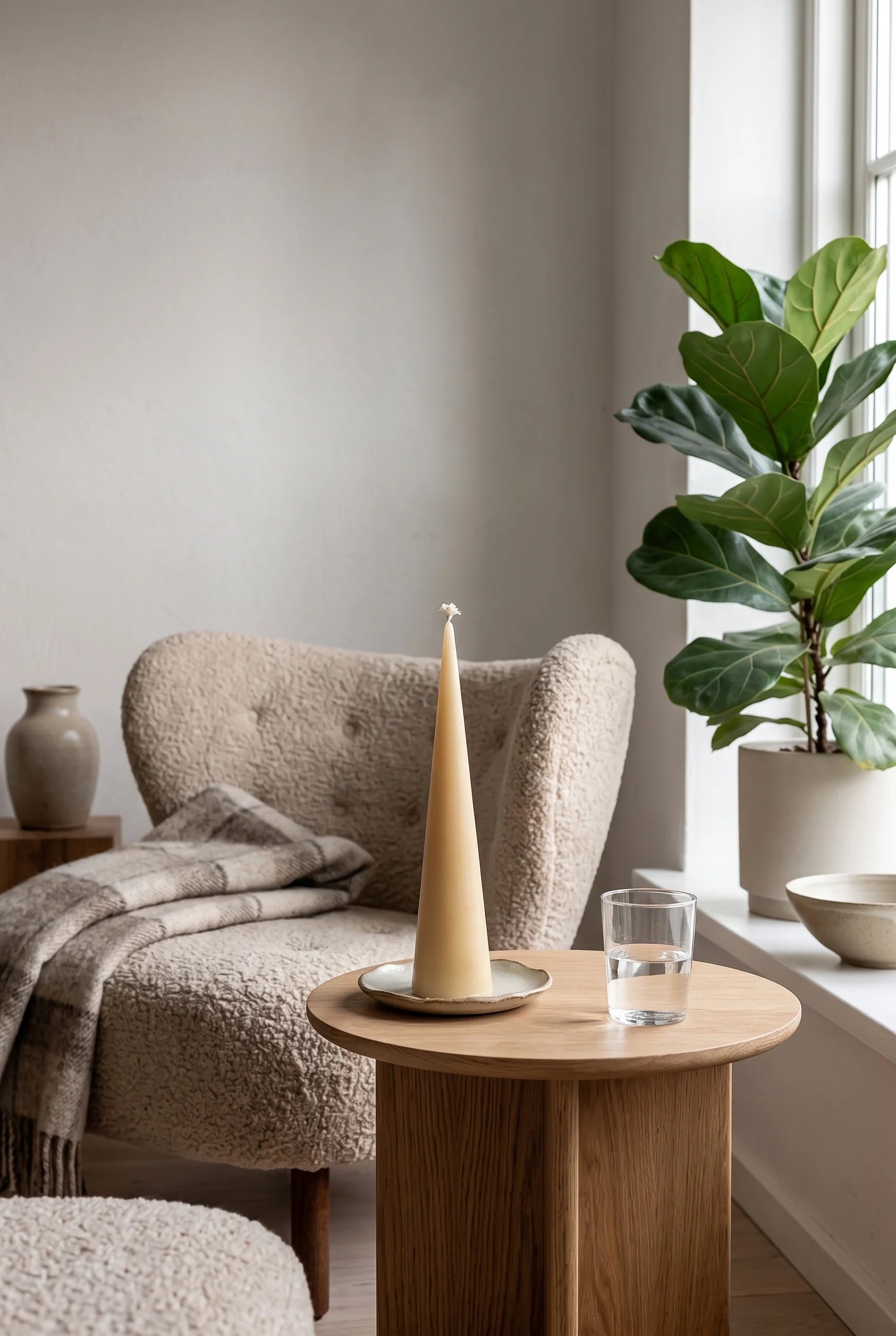 En dansk læsekrog med boucle-lænestol og uldplaid — et gyldent keglelys på et lille wabi-sabi keramikfad på sidebordet, klar til aftenens stille time.