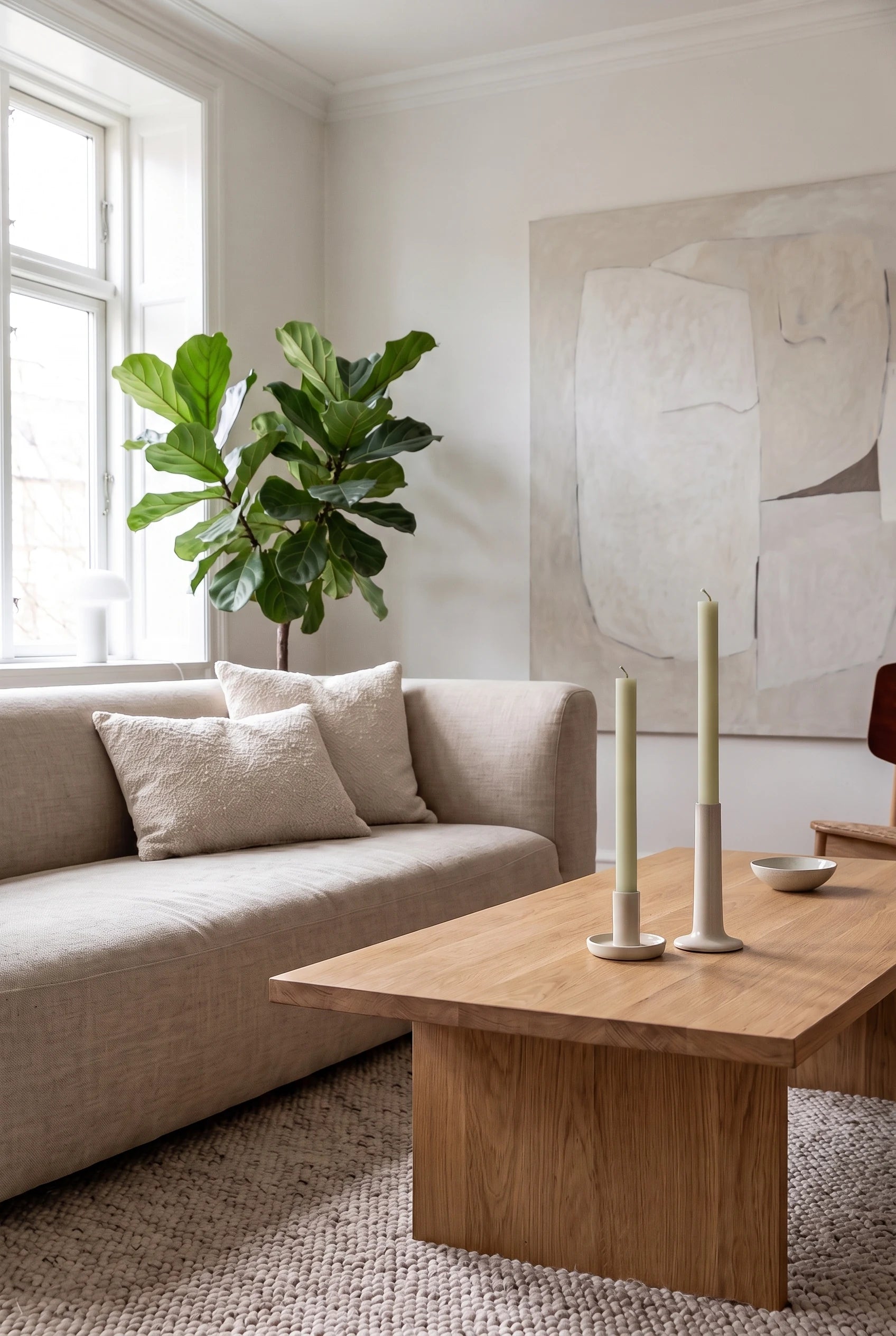 To stagelys i råhvid bivoks i keramikstager i forskellige højder på et stort egetræssofabord, i en lys stue med linnedsofa og grønne planter.