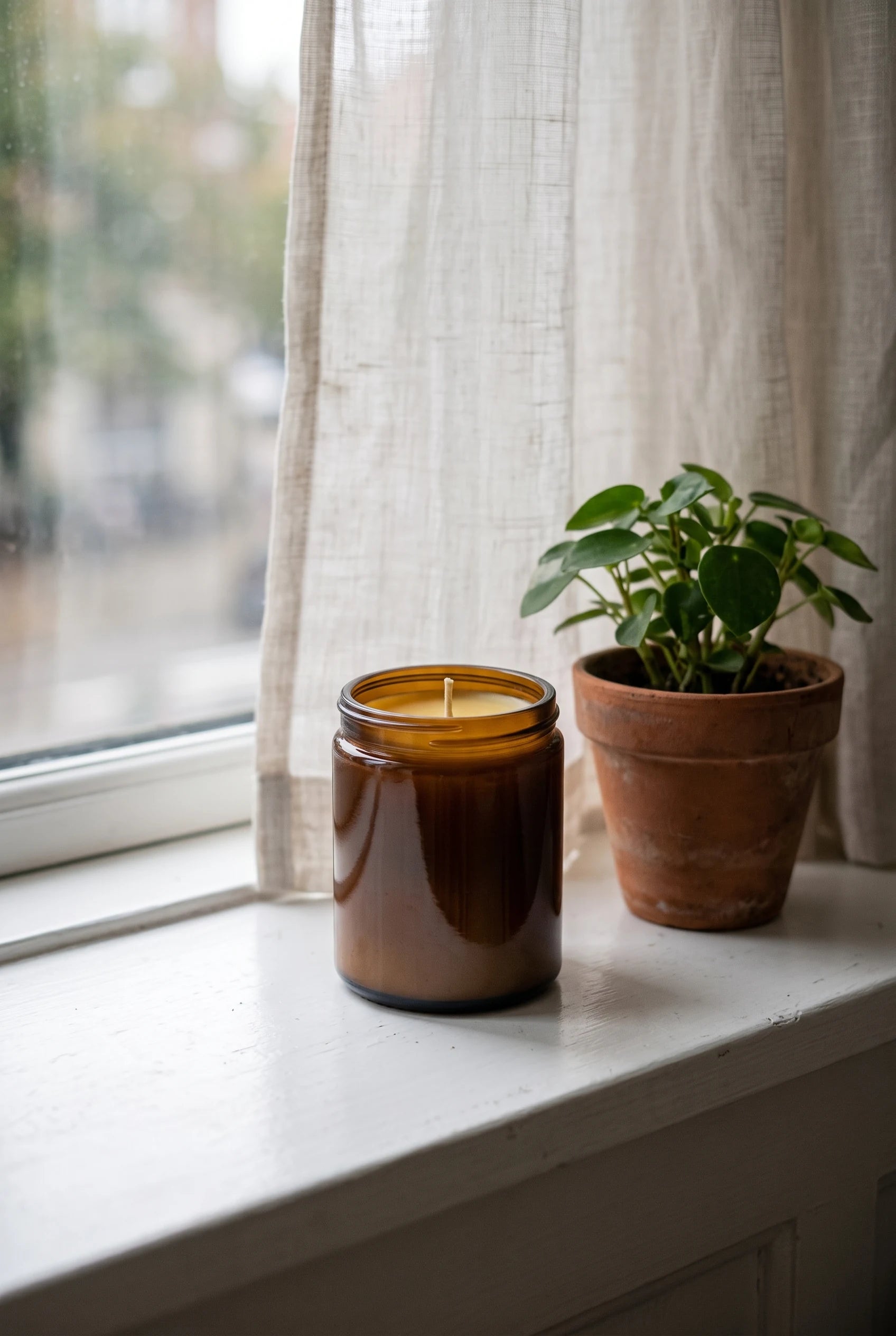 Reden bivokslys i brun apotekerkrukke i vindueskarmen bag et let hørgardin, ved siden af en lille grøn plante i terracottapotte — blødt dagslys gennem ruden.