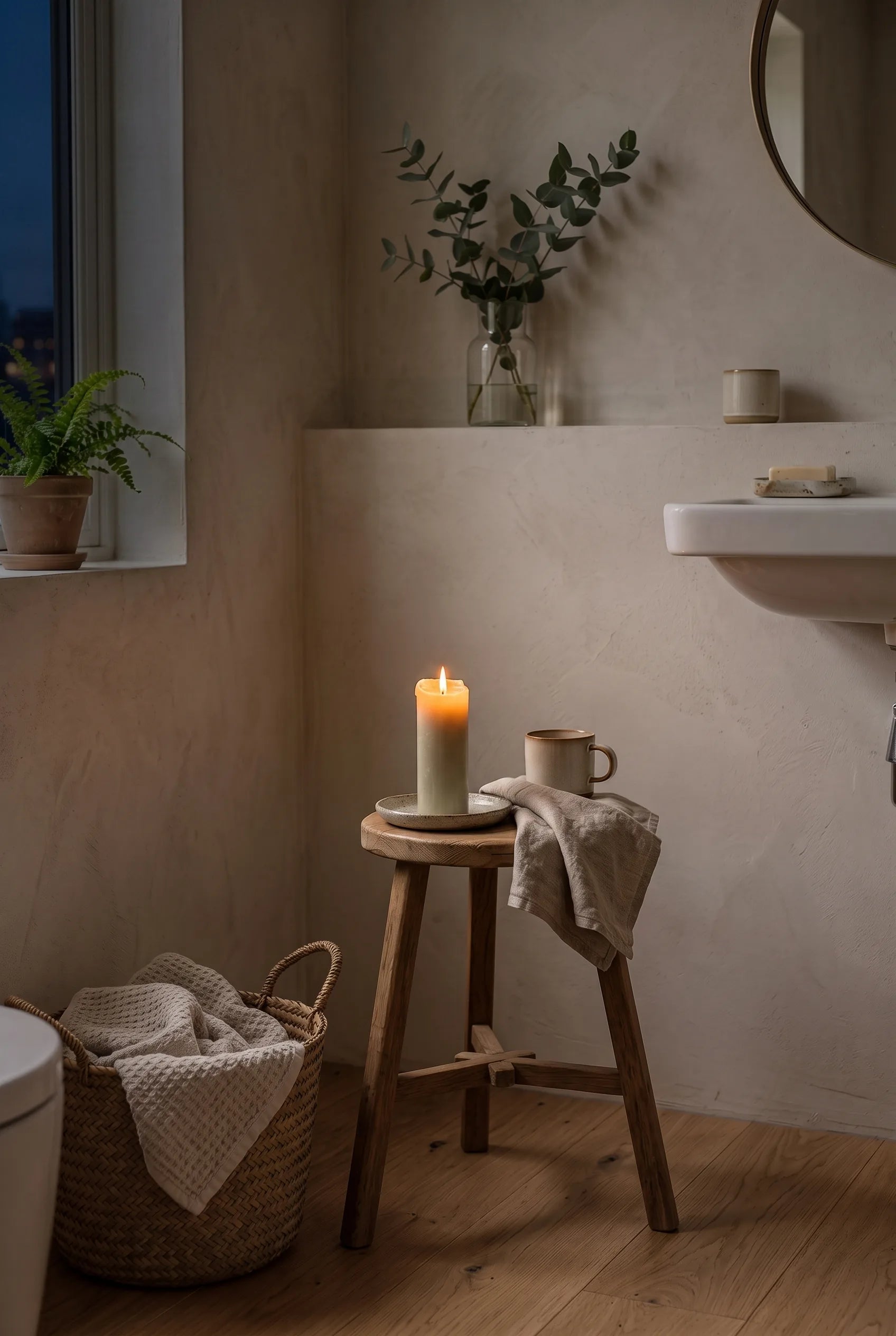 Levende bivokslys giver spa-stemning i badeværelset om aftenen
