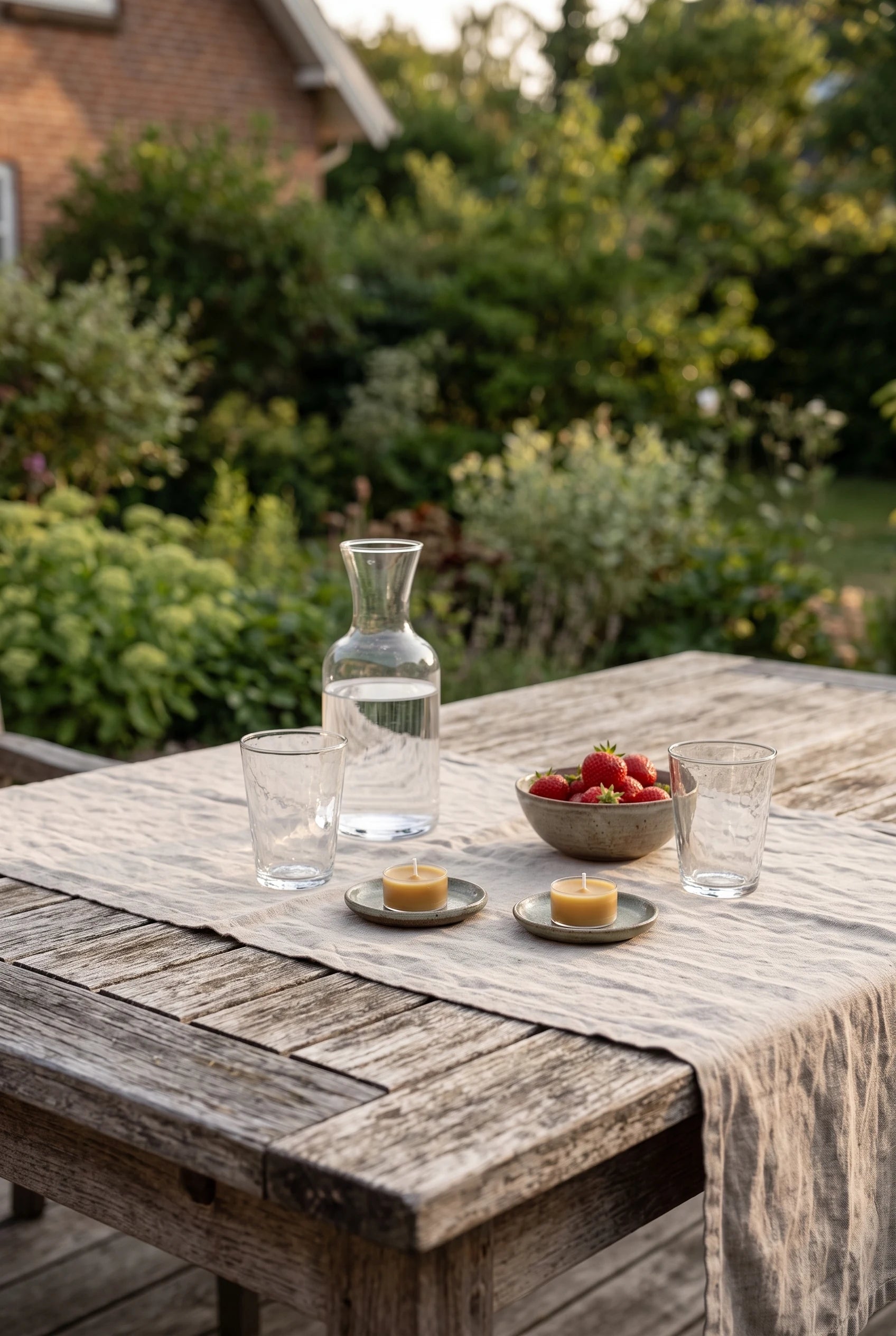 Et vejrbidt havebord på terrassen i gyldent aftenlys — karaffel, glas, jordbær og to fyrfadslys sat frem til når skumringen falder på.