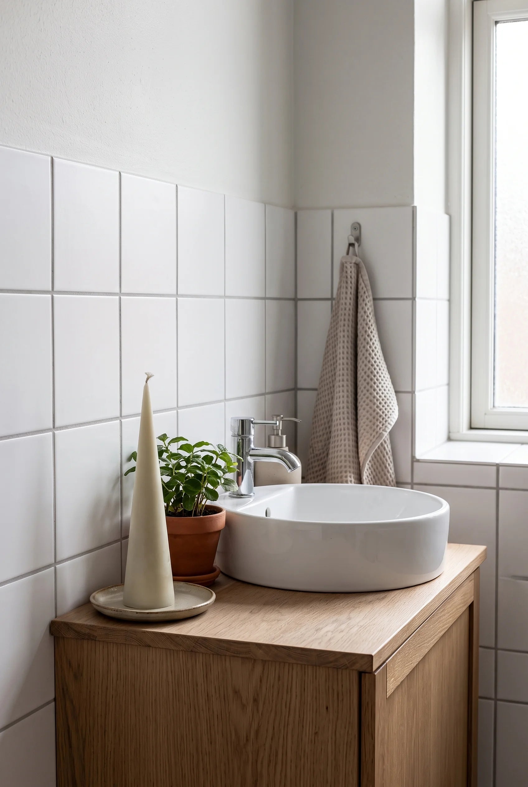 Et kegleformet bivokslys på et lille keramikfad på badeværelsets egetræsvanity, mellem håndvasken og en lille grøn plante — hvide fliser og blødt dagslys fra et matteret vindue.