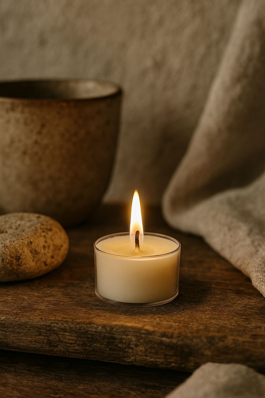 Tændt hvidt bivoks fyrfadslys i plastickop skaber rolig stemning på rustikt træbord – naturlig hygge med bæredygtige lys fra Persillo