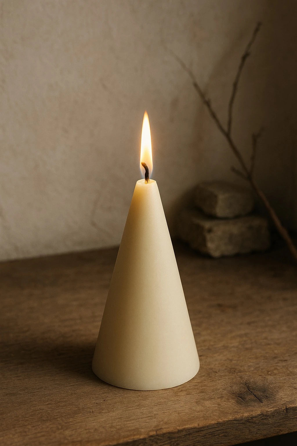 Kegleformet bivokslys Koglen fra Persillo i råhvid – 100% naturlig bivoks, 25 timers brændetid