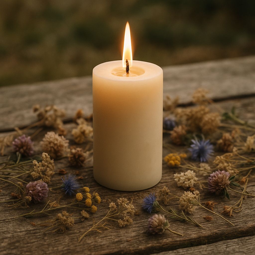 Hvidt bivoks bloklys omgivet af danske tørrede blomster – afgiver en mild, naturlig duft fra blomsterne bierne har besøgt.