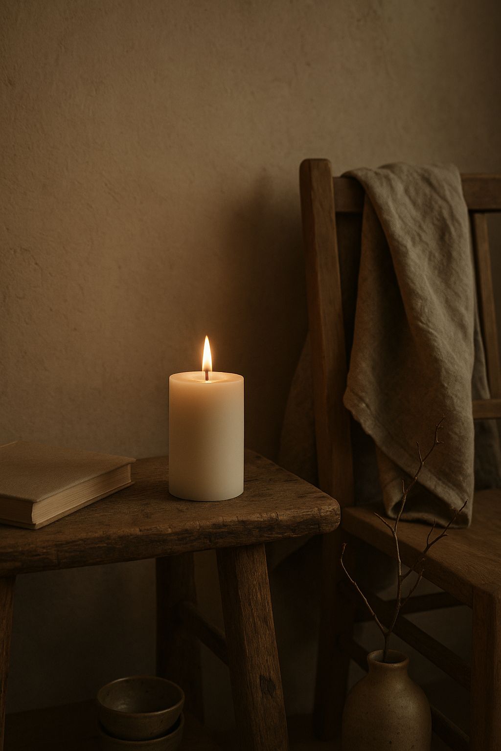 Hvidt bivokslys med varm flamme på træskammel ved siden af bog og stol – wabi-sabi indretning med naturlige materialer.