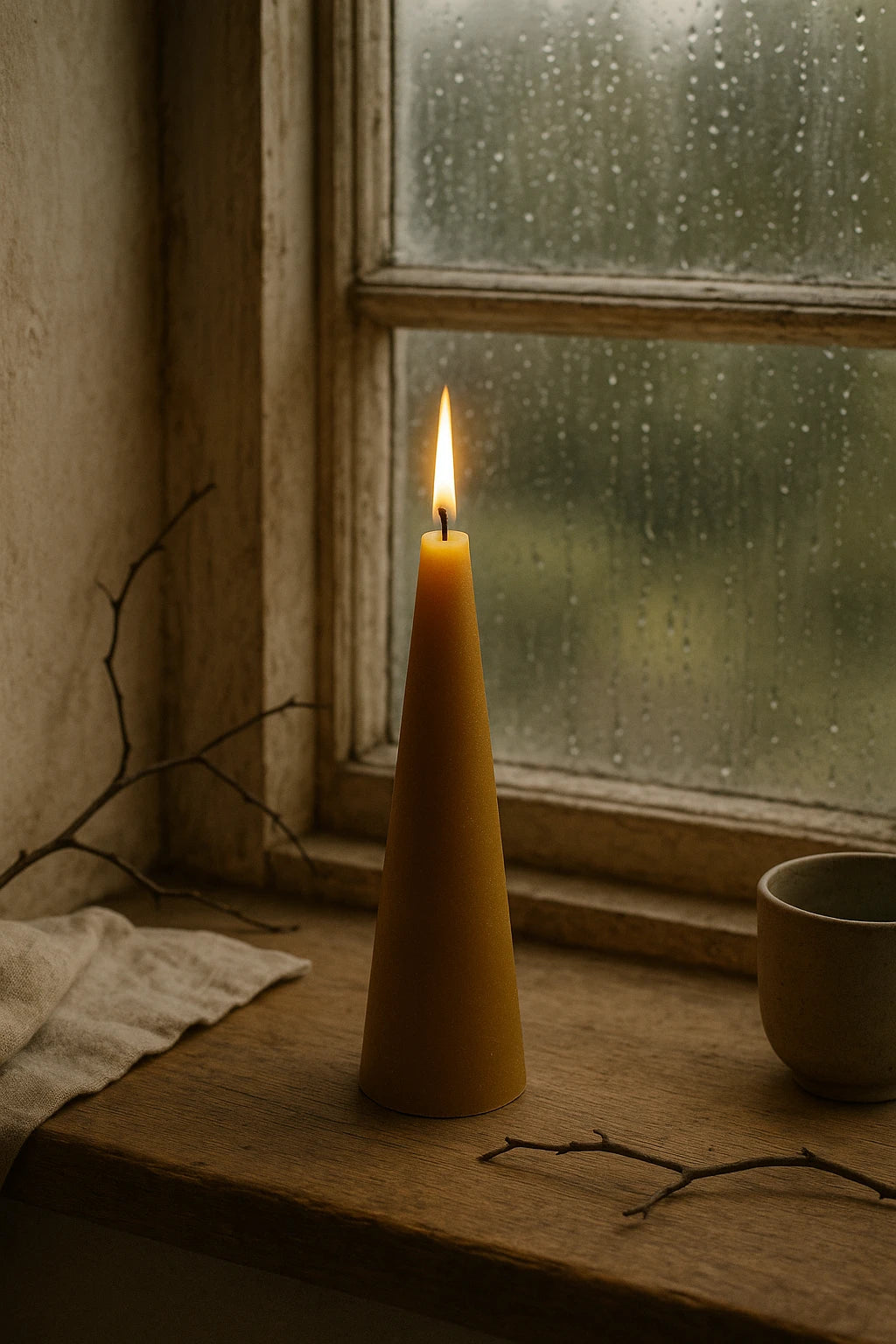 Gyldent bivoks keglelys Grankoglen fra Persillo i vindueskarm en regnvejrsdag – naturlig stemning og blød flamme.