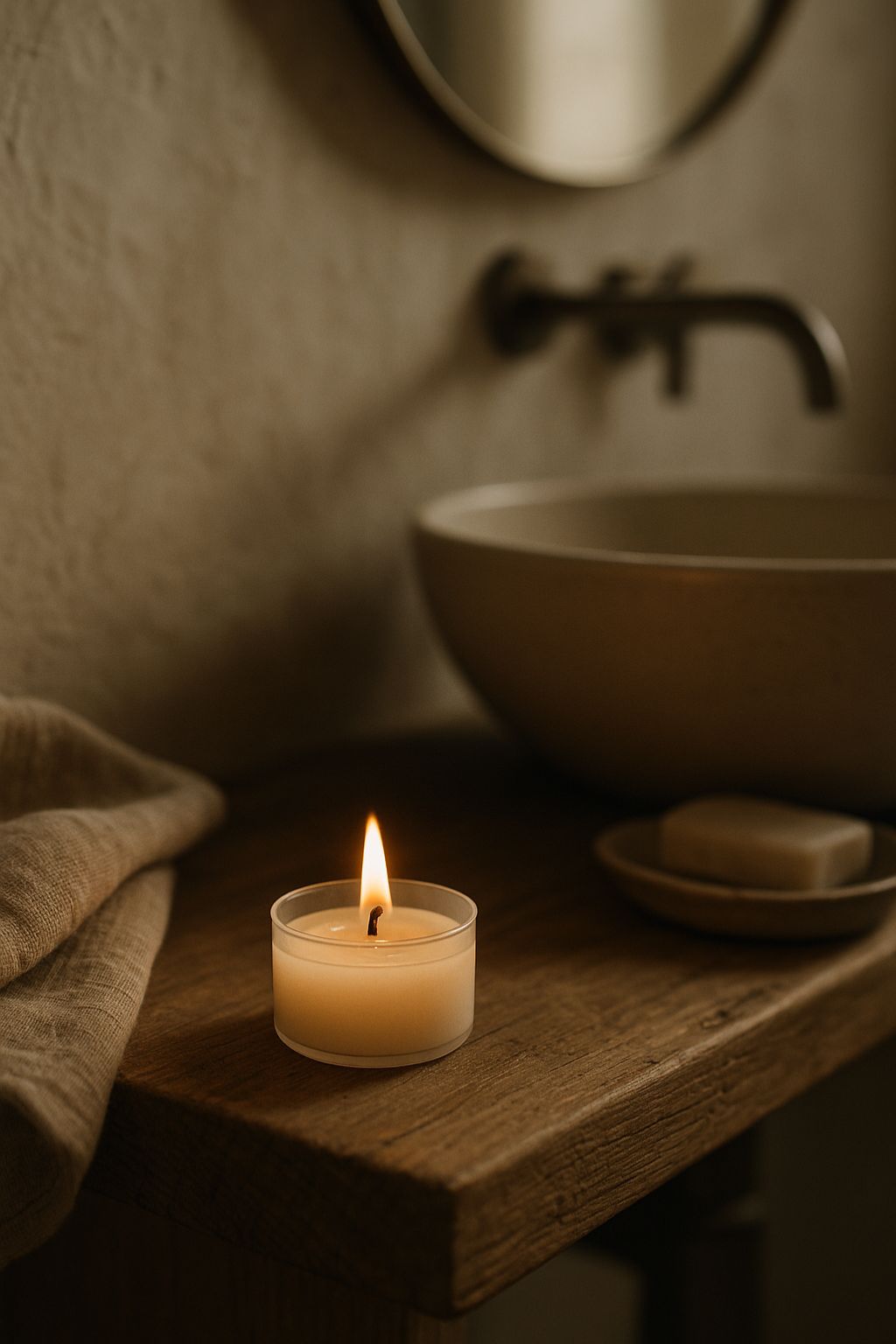 vidt bivoks fyrfadslys på badeværelseshylde med naturinspireret interiør – æstetisk ro og wabi-sabi stemning