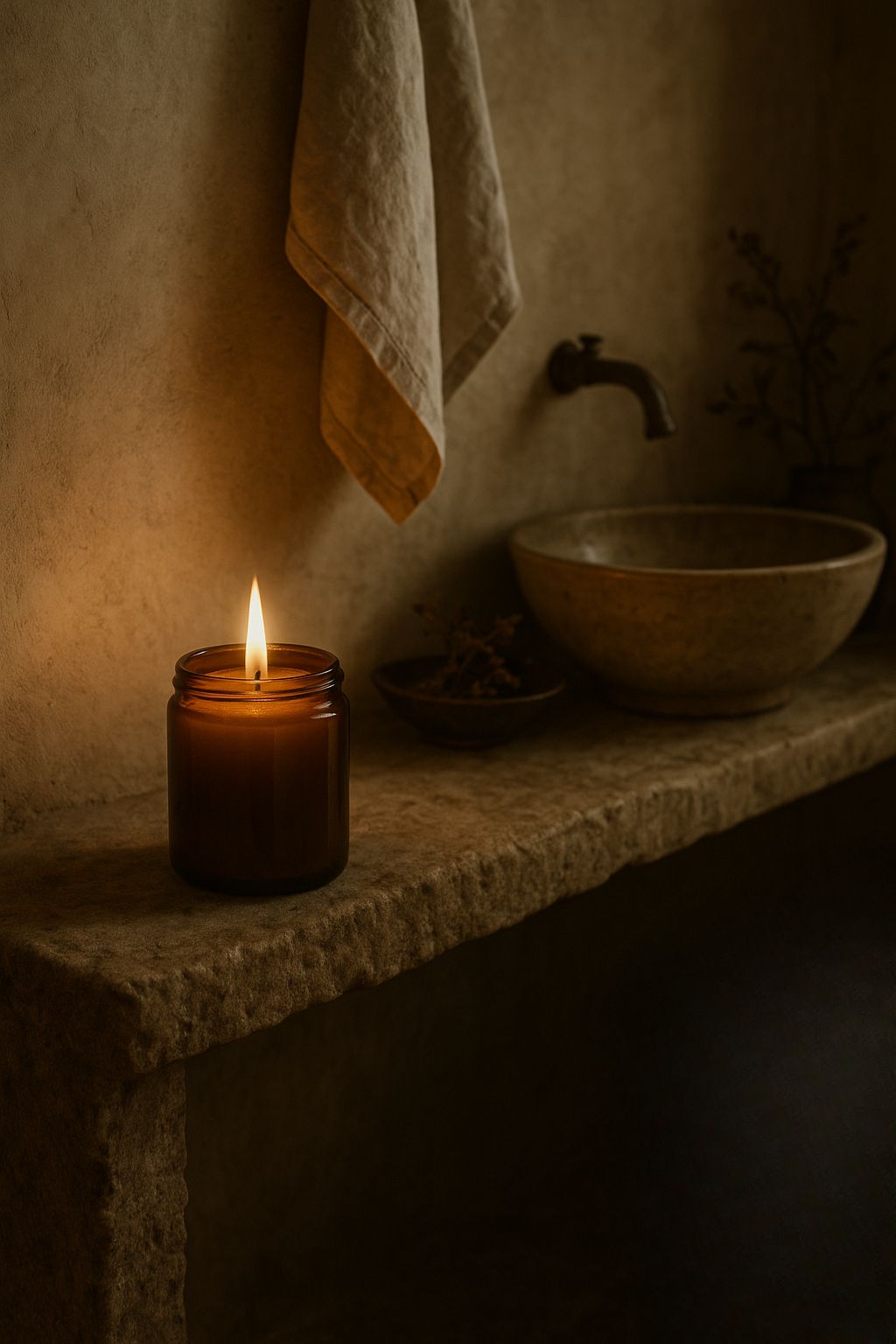 Brændende bivokslys i brunt glas placeret på en stenhynde i et wabi-sabi-inspireret badeværelse med natursten og beige håndklæde.