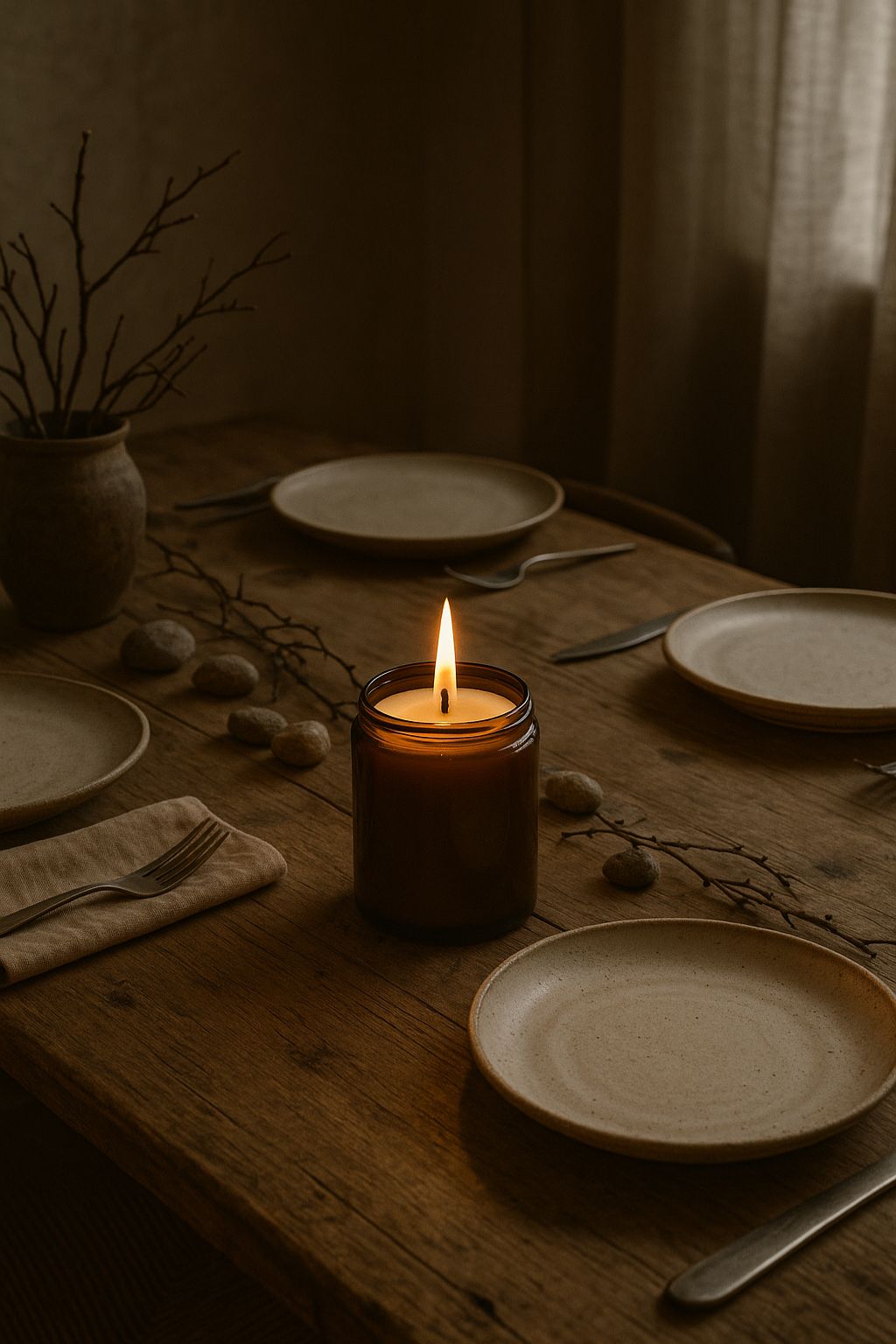 Hvidt bivokslys i glas midt på et dækket middagsbord i wabi-sabi stil med stentøj og naturgrene