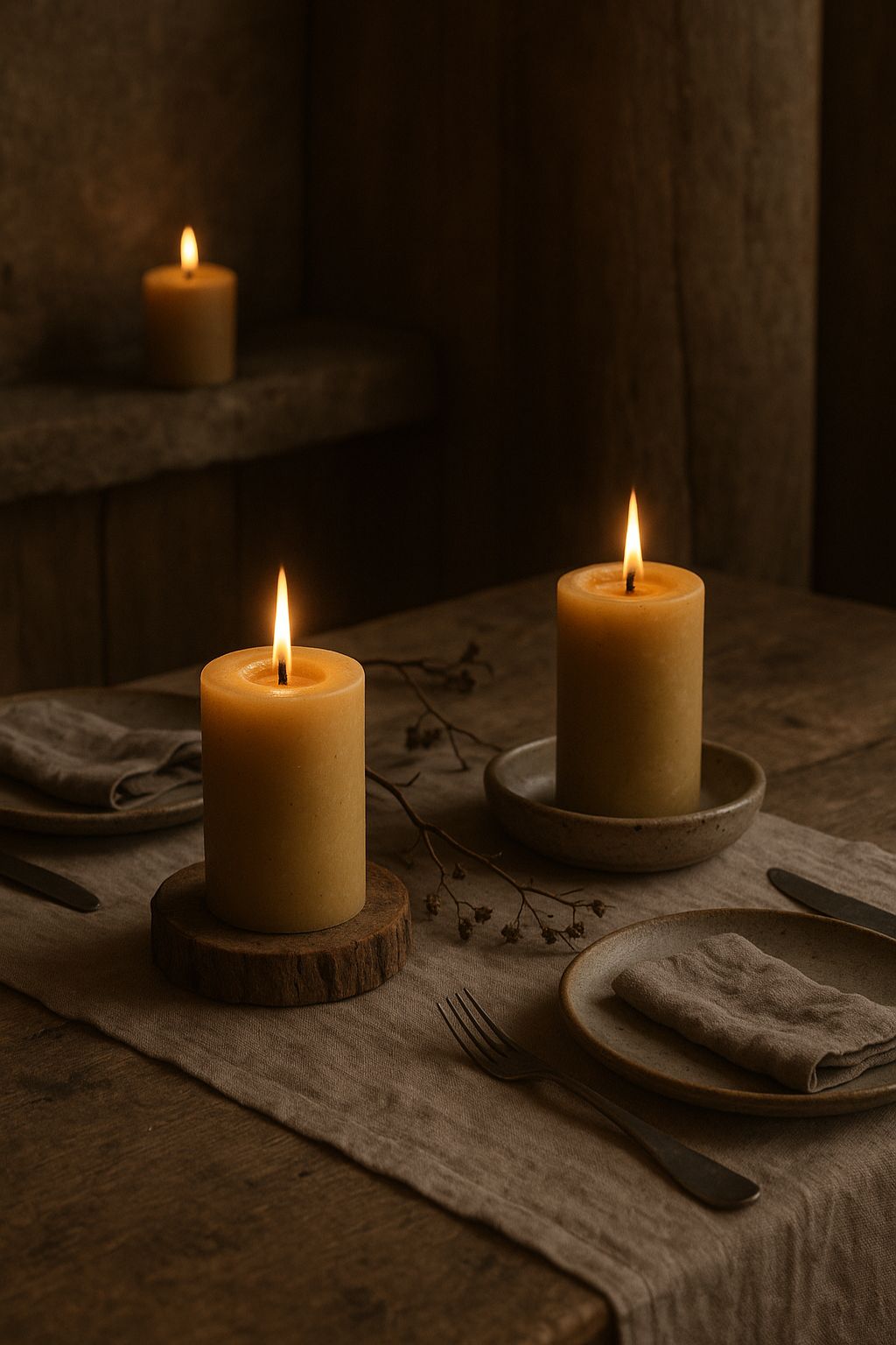 To bivoks bloklys i naturlig gul dækket op til middag med hørservietter og keramik – varm, minimalistisk borddækning med naturlig charme.