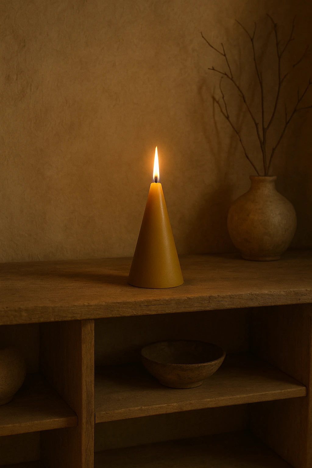Gyldent bivokslys Koglen fra Persillo – naturligt bivokslys med rolig flamme i wabi-sabi interiør