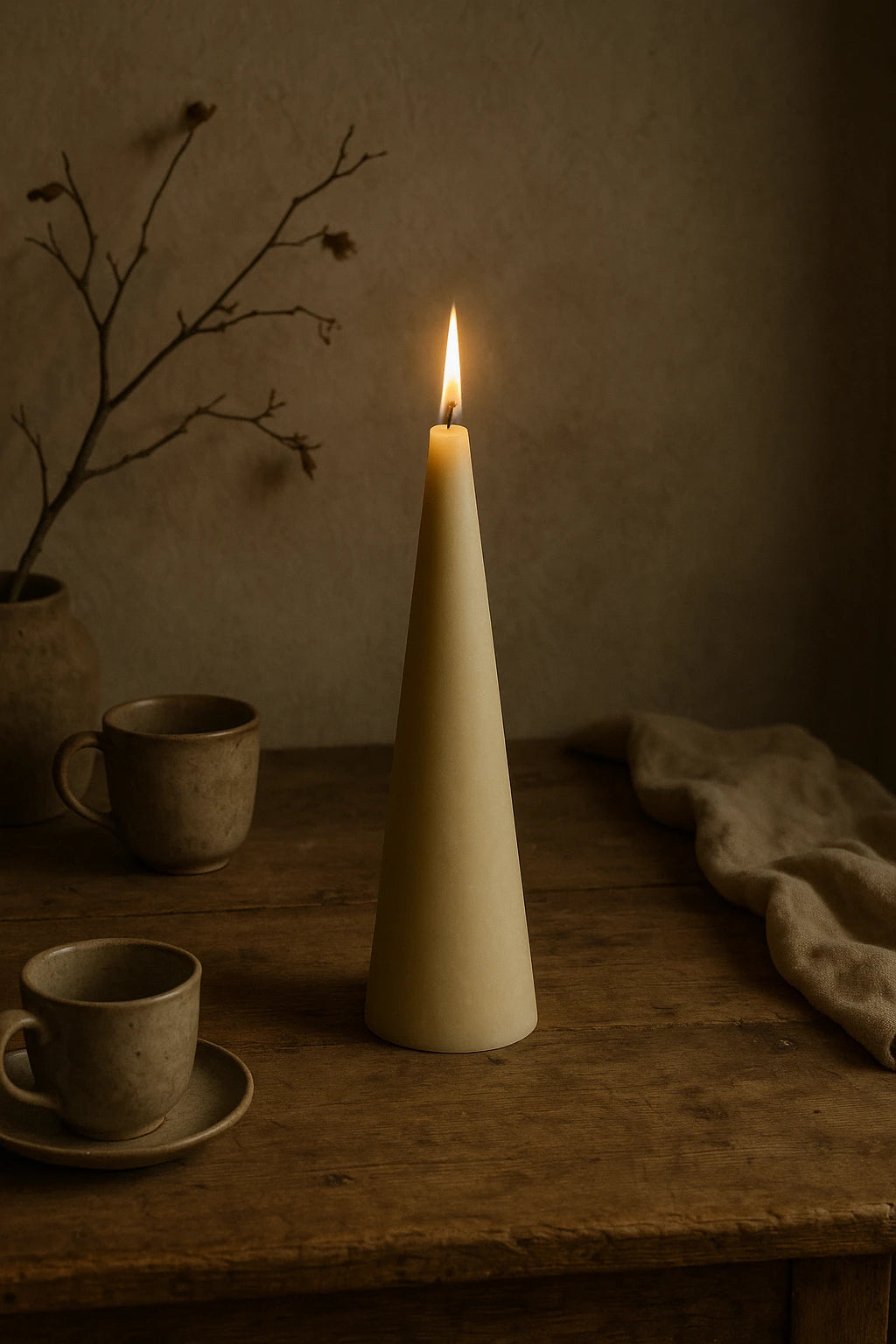 Tændt Grankoglen bivokslys fra Persillo i råhvid 100% bivoks, på træbord med keramikkopper i varm, rolig wabi-sabi stemning.