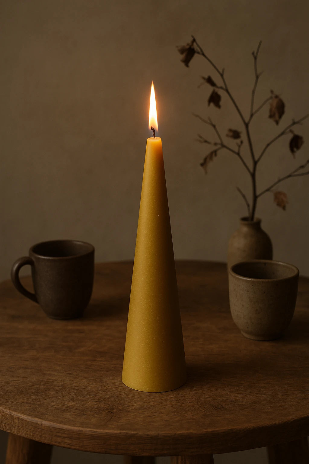 Tændt Grankoglen keglelys i gylden bivoks fra Persillo på rustikt bord – rolig nordisk stemning og wabi-sabi æstetik.