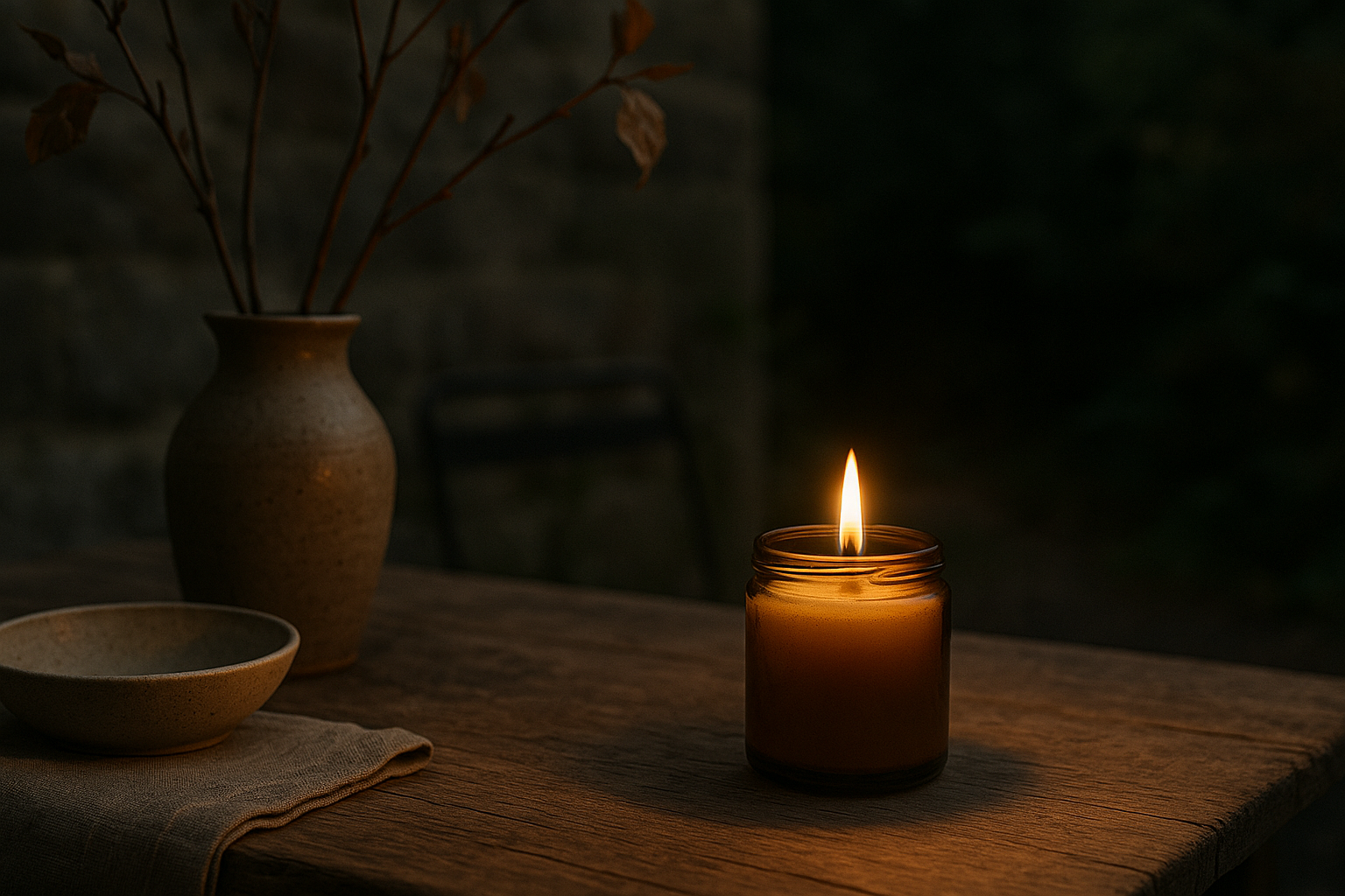 Tændt bivokslys i brunt apotekerglas på havebord i dansk sommerhave ved skumring, omgivet af naturlige materialer og varm glød