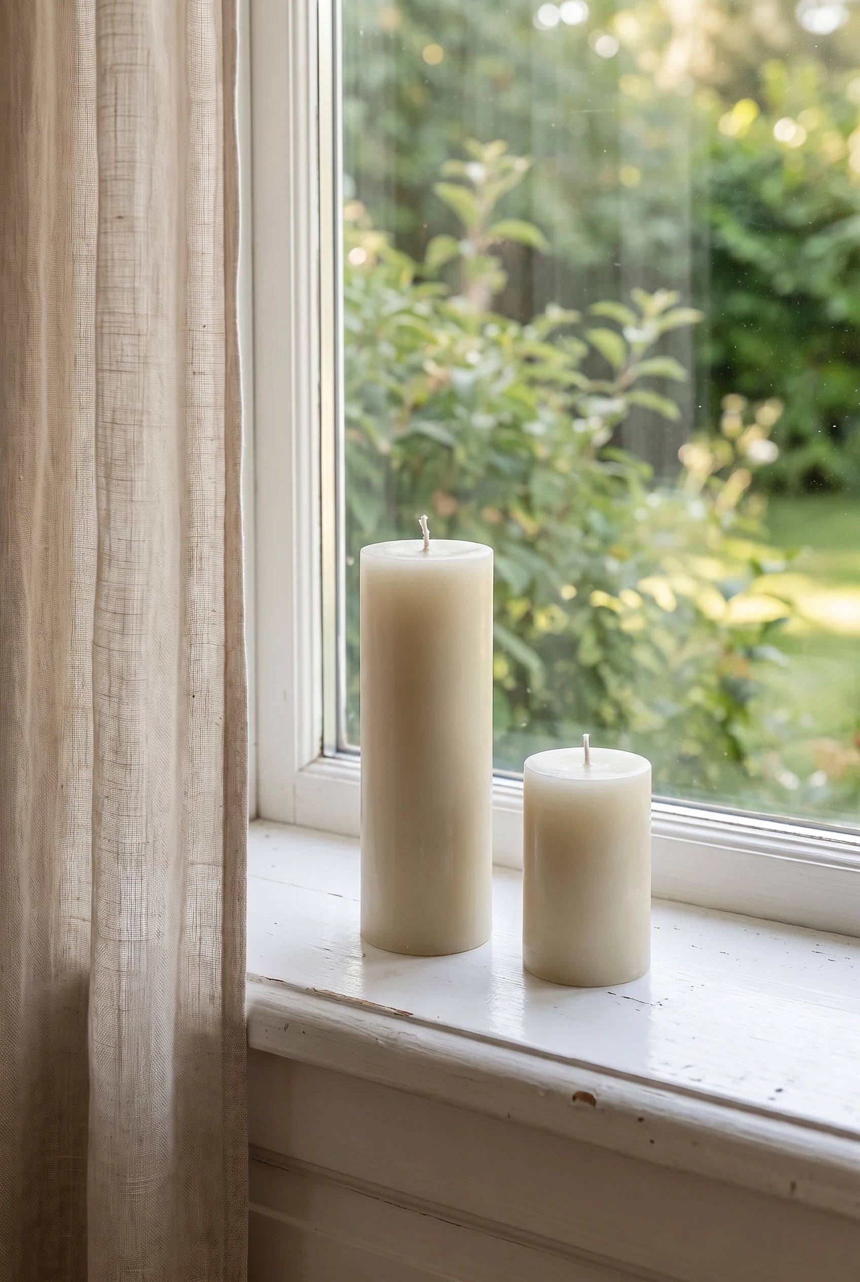 Stammen og Stubben i råhvid bivoks i vindueskarmen i dagslys.