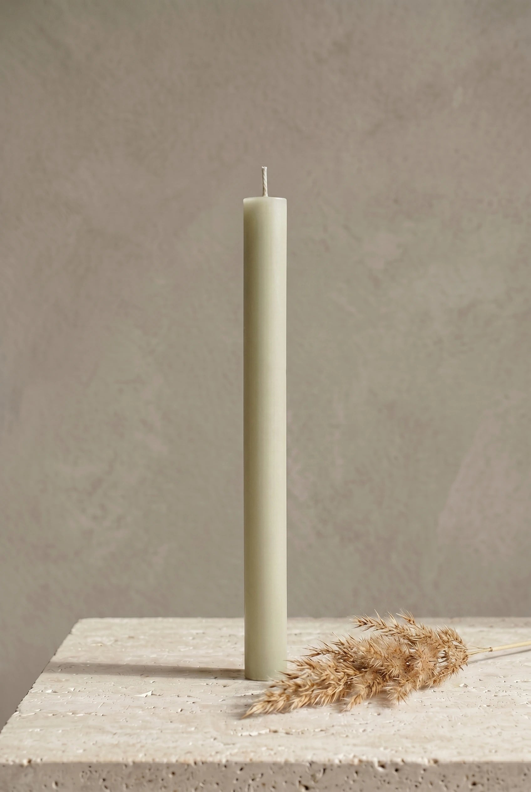 Persillo Grenen Råhvid stagelys i ren bivoks, 25 cm slank cylinder i lys ivory, stående på travertin foran limewashed grå-beige plaster-væg, med tørret tagrør ved foden