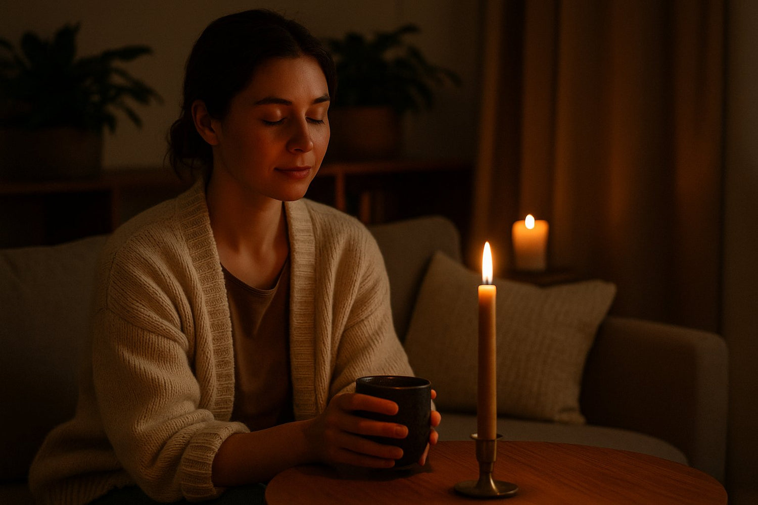 En kvinde nyder et aftenritual med levende lys i stuen. Bivokslyset i sin stage skaber ro og nærvær – et sanseligt øjeblik i aftenen.