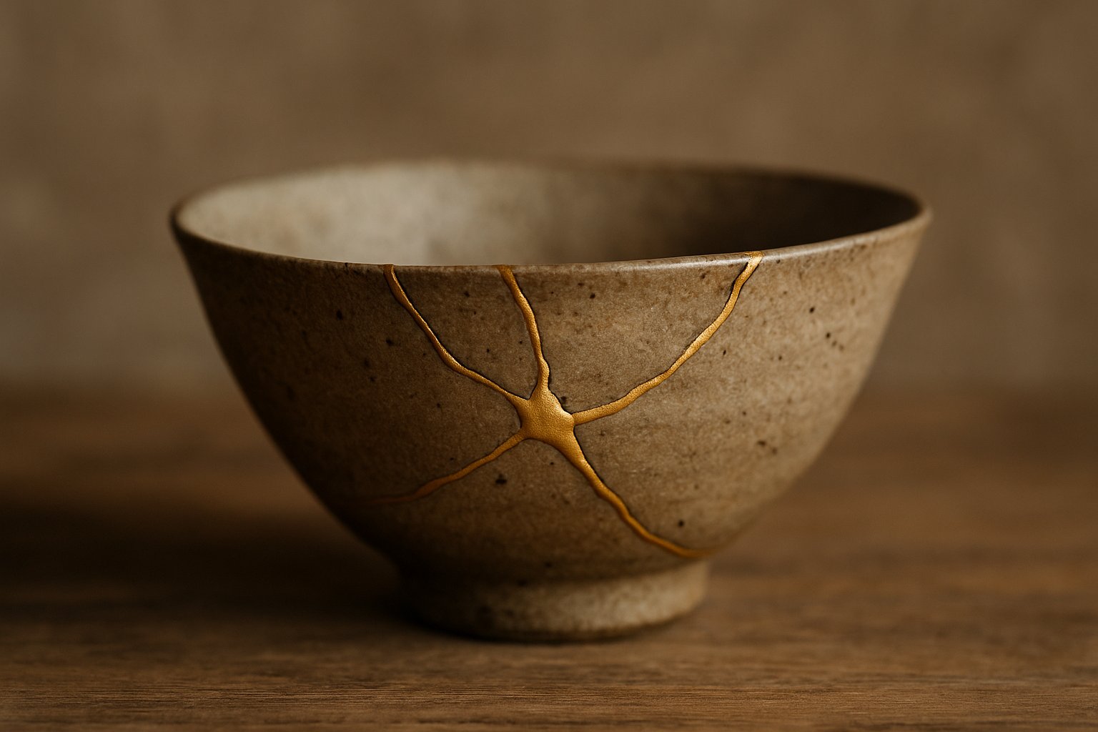 Close-up af kintsugi-keramik med gyldne årer – symbol på skønhed i det uperfekte og traditionel japansk filosofi
