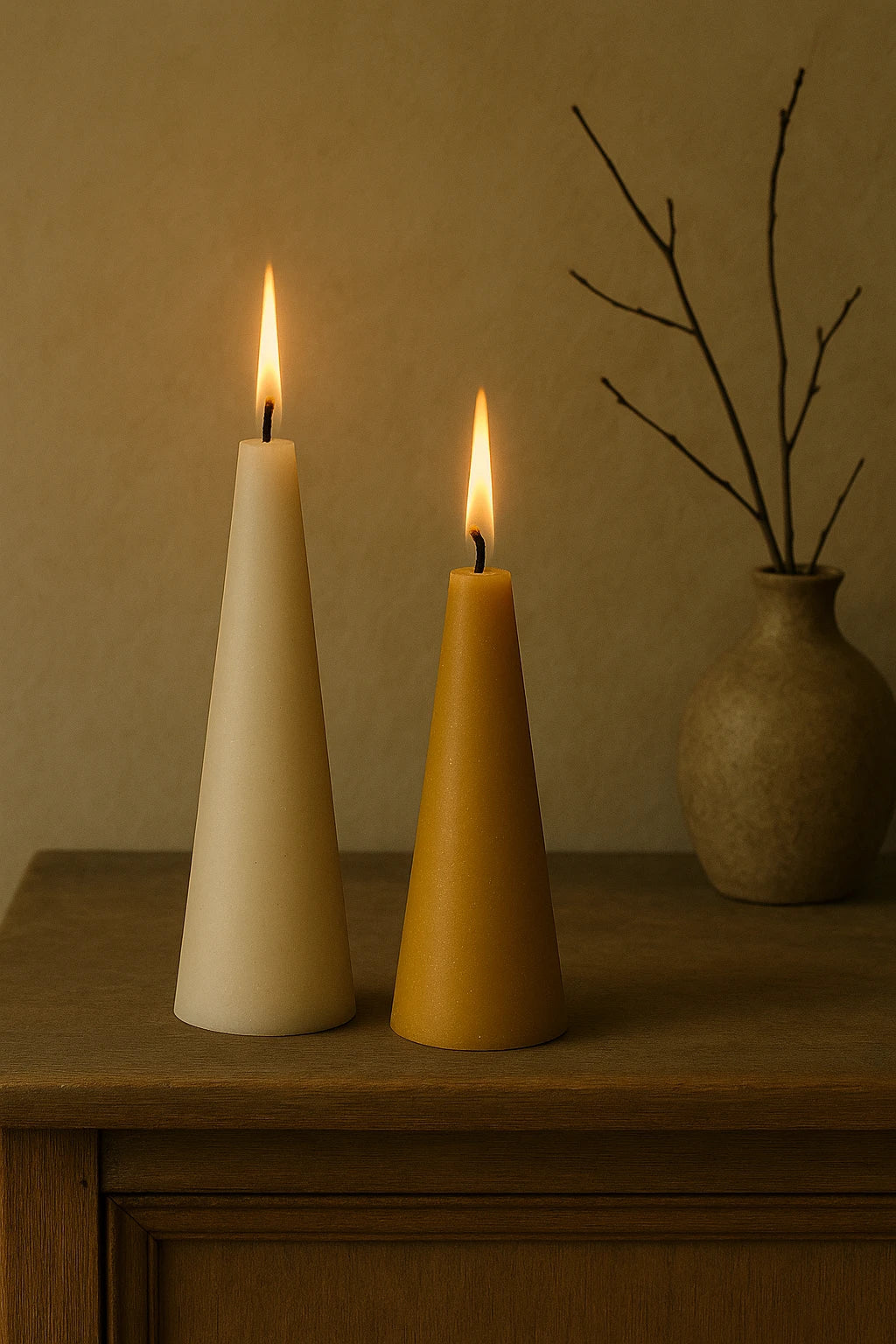 Kegleformede bivokslys i råhvid og gylden. Håndstøbte i 100% naturlig bivoks med lang brændetid, ren flamme og mild honningduft. Et naturligt valg til hygge, ro og varme i hjemmet.