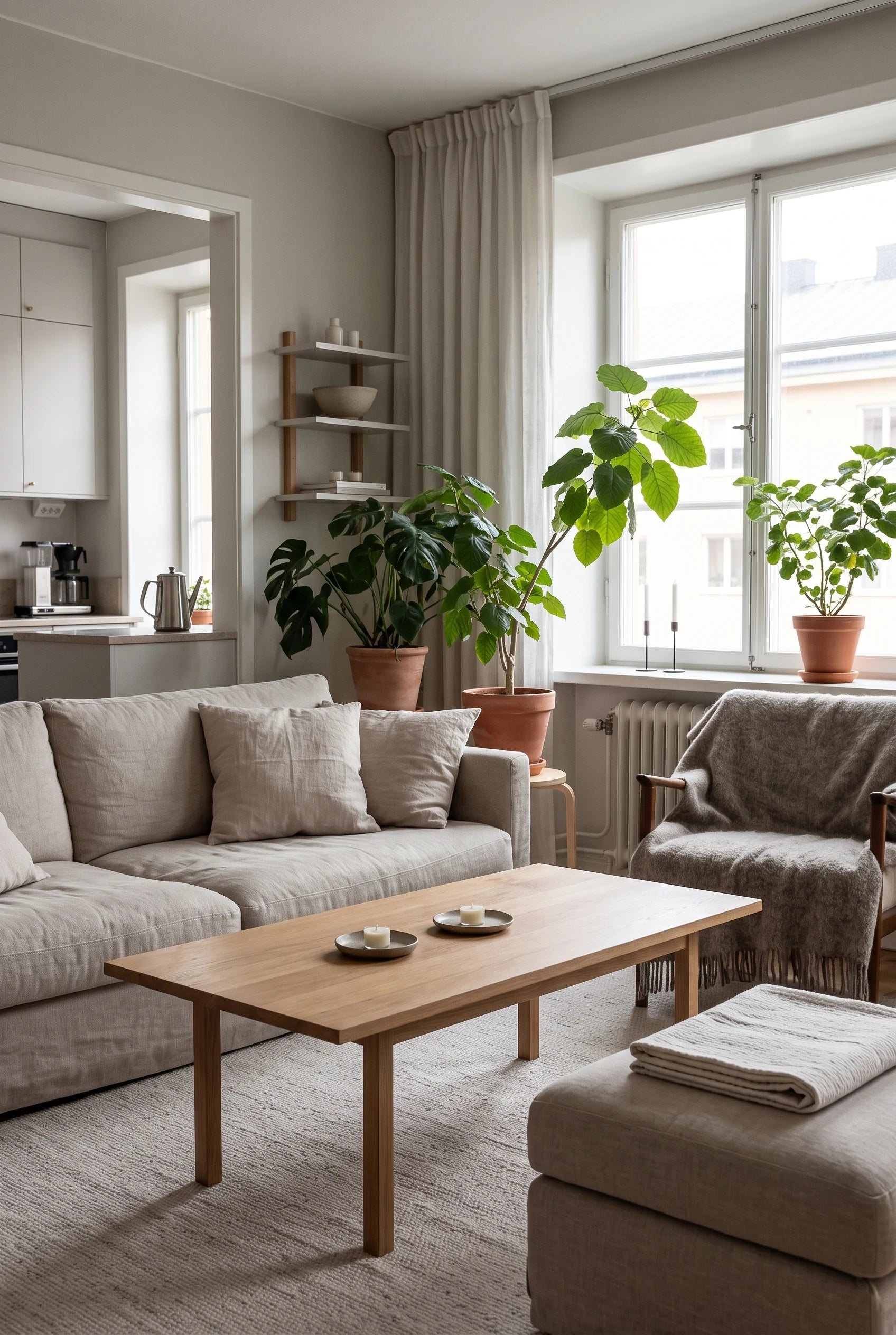 To creme-hvide fyrfadslys i små keramikfade på egetræssofabordet i en lys stue med linnedsofa, plaid og grønne planter.