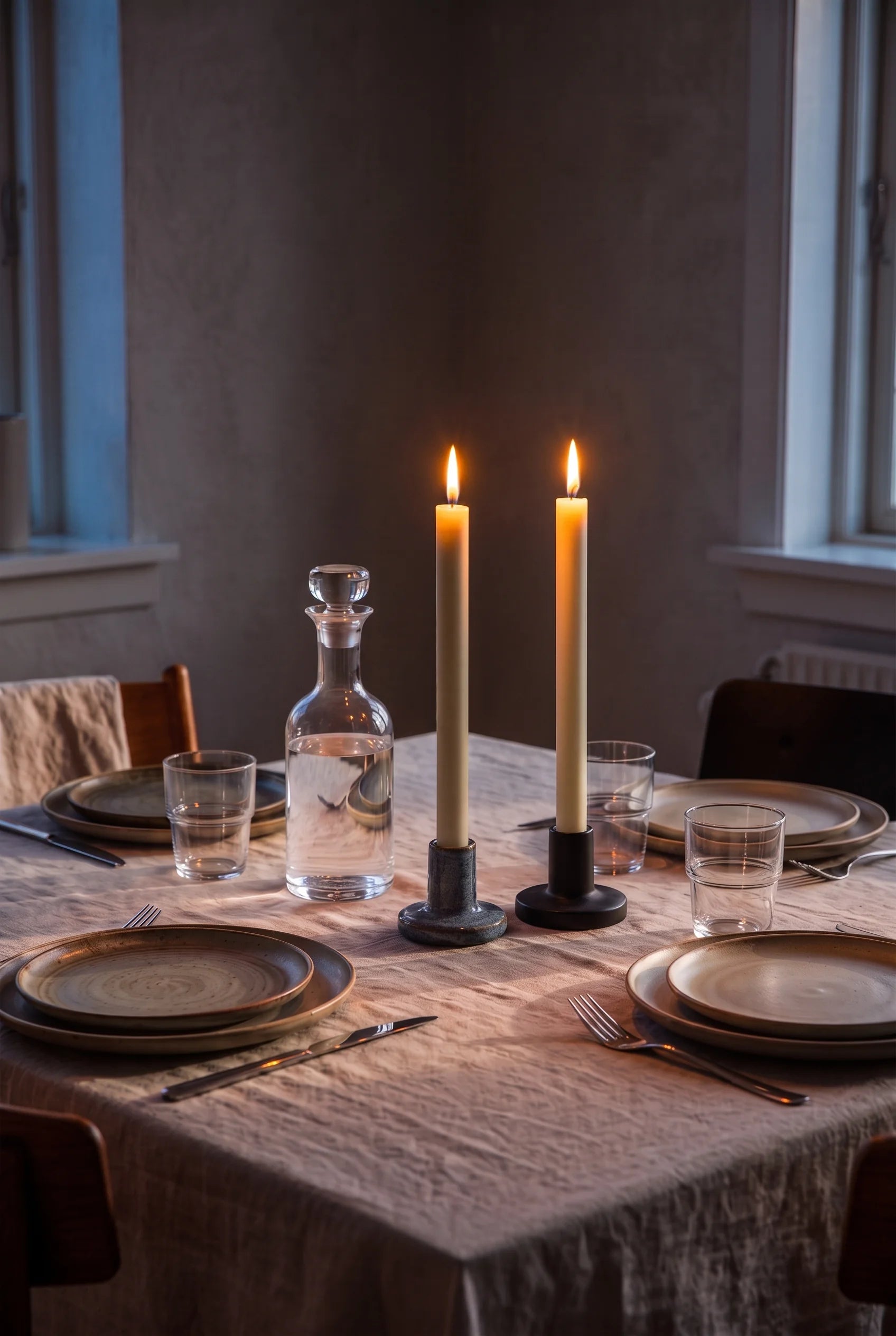 To tændte stagelys i råhvid bivoks midt på et dækket spisebord om aftenen, hvor flammerne er rummets eneste lys.