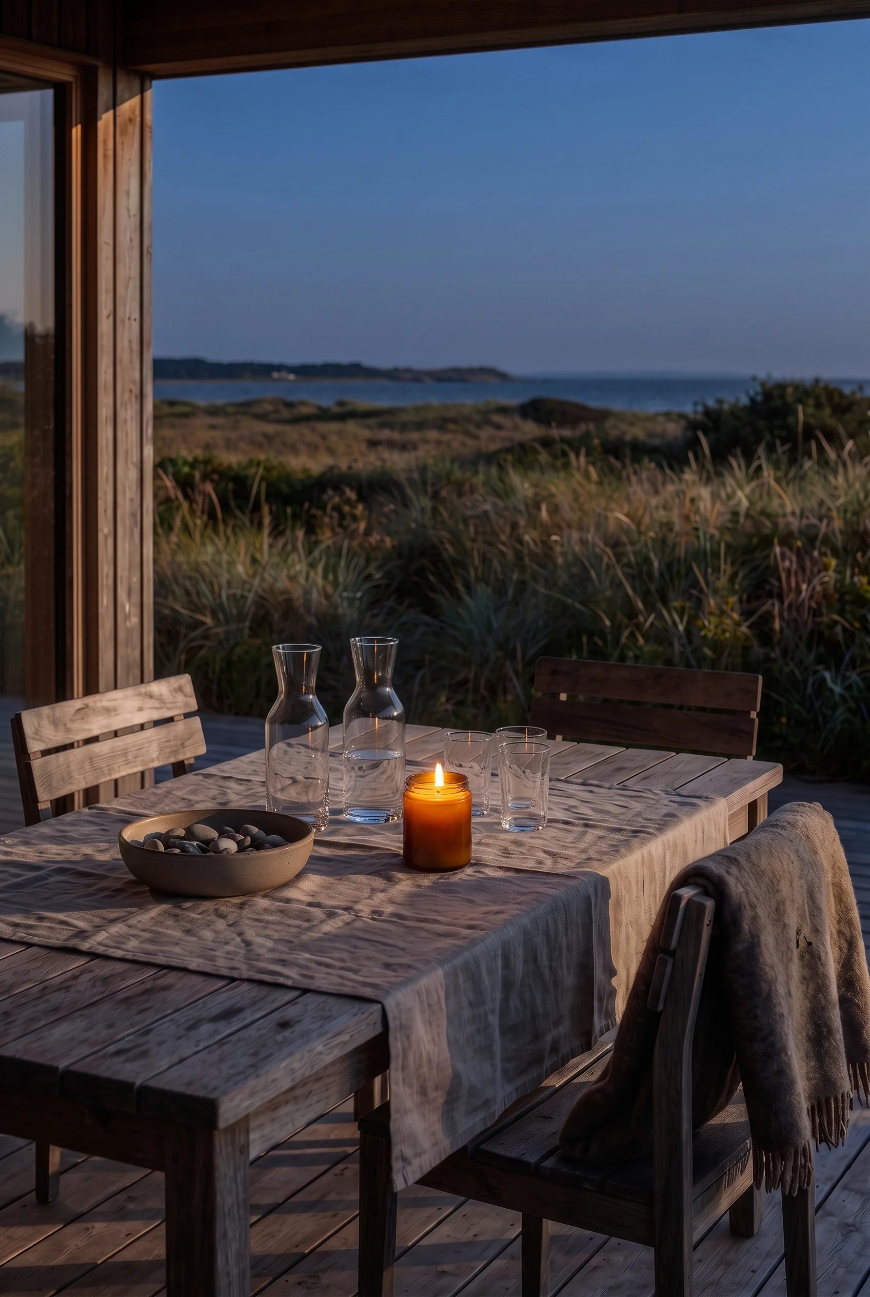Et tændt Reden bivokslys på sommerhusets veranda i den blå sommernat — flammen samler bordet, mens klitlandskabet ligger mørkt bagved.