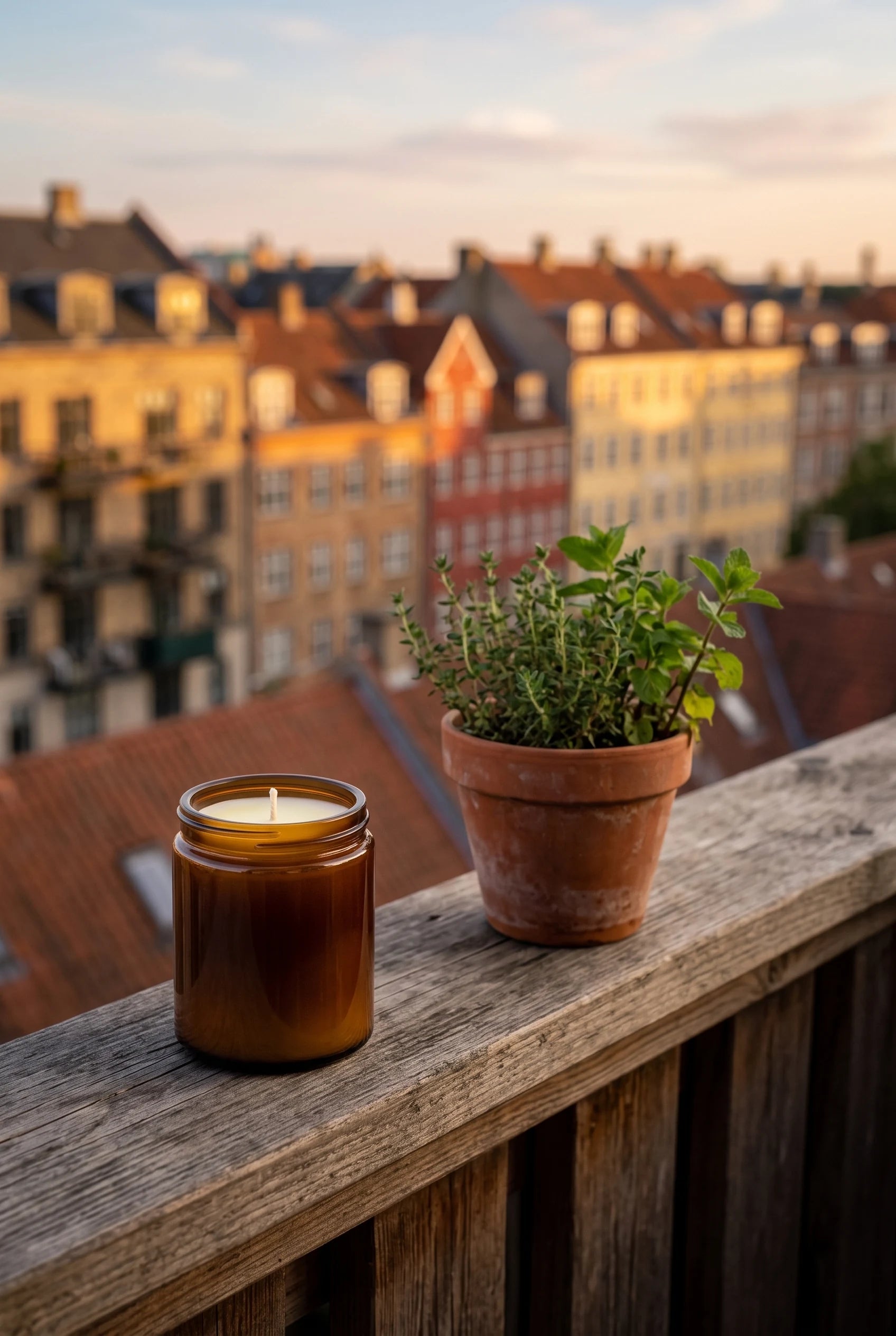Reden bivokslys i brun apotekerkrukke på altanens gelænder ved siden af en krukke krydderurter — gyldent aftenlys over Københavns tage.