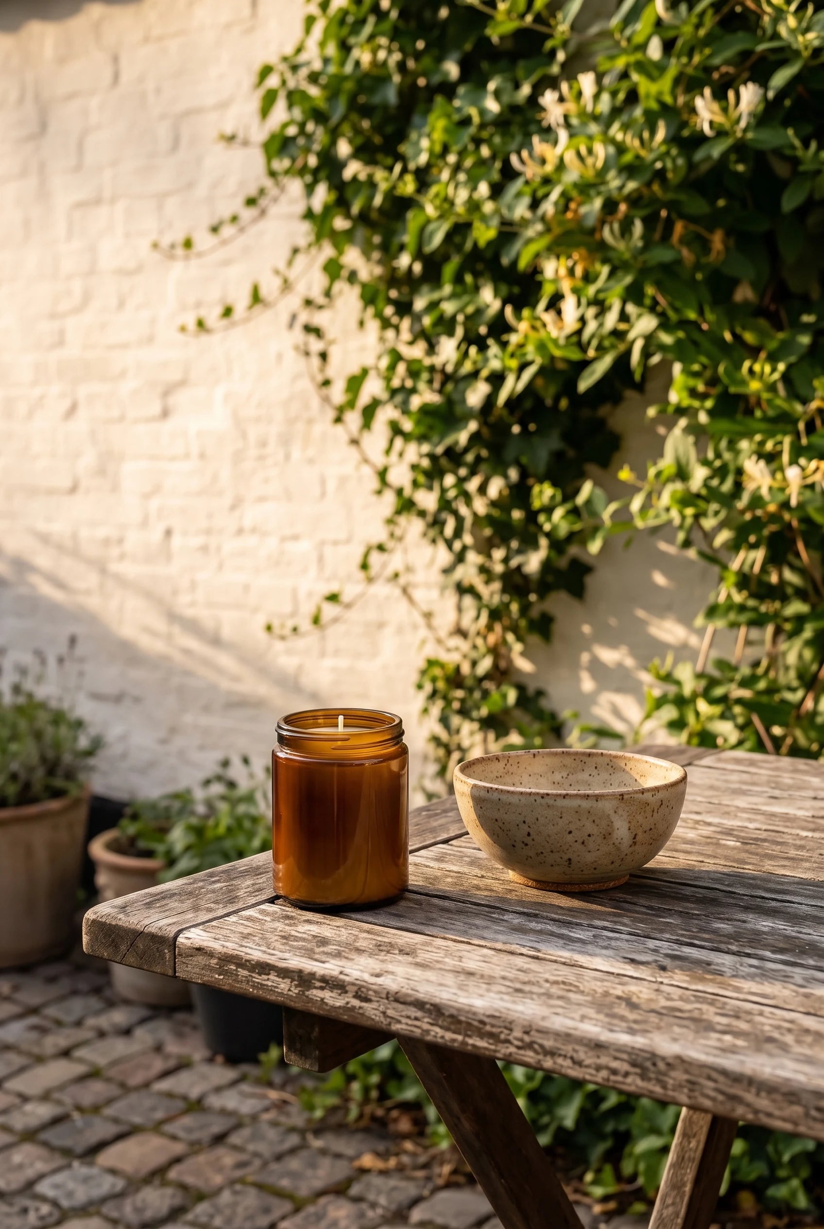 En brolagt gårdhave med espalier på den hvidkalkede mur — Reden bivokslys i brun krukke på det vejrbidte cafébord ved siden af en stentøjsskål. Gyldent aftenlys.