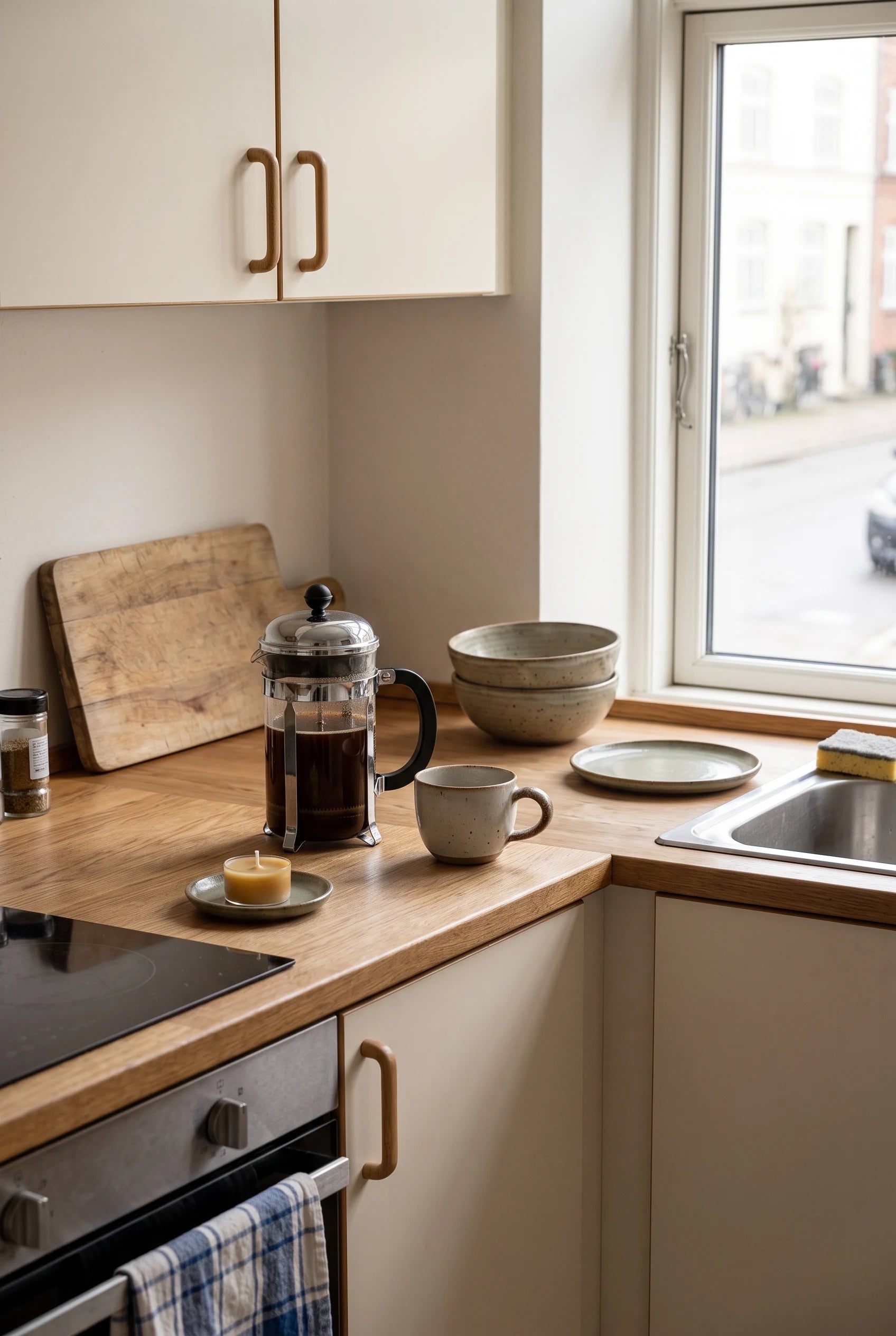 Weekendens kaffepause i et ægte dansk køkken — stempelkande, kop og et enkelt gyldent fyrfadslys på et lille fad i morgenlyset.