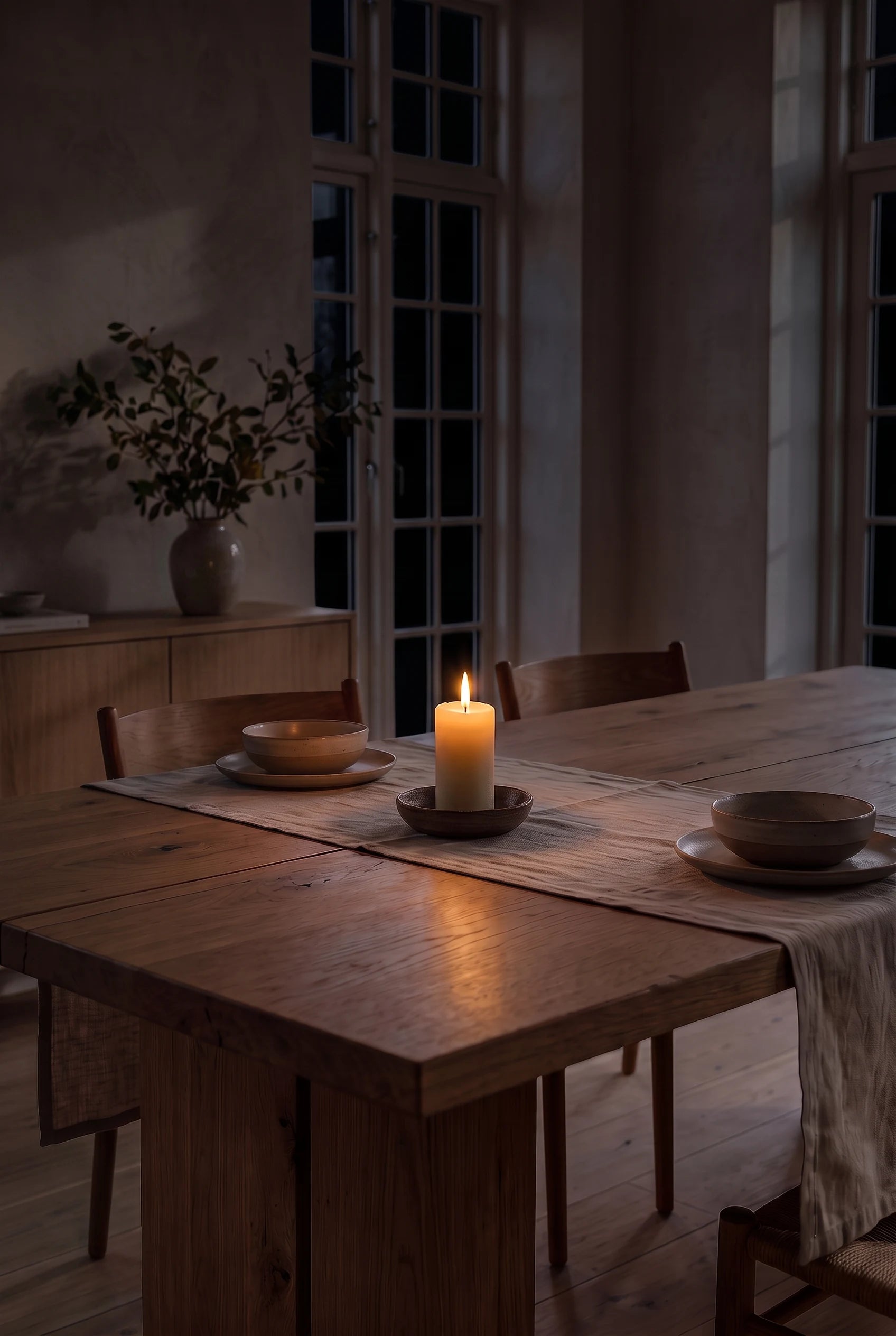 Det samme spisebord om aftenen, hvor det tændte bloklys og en dæmpet lampe gør bordet klar til en langsom middag.