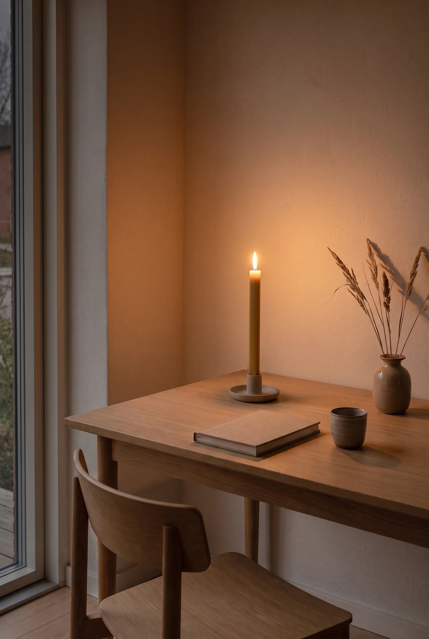 Et tændt firkantet Planken-stagelys i gylden bivoks på skrivebordet om aftenen — flammen skaber en rolig, varm stemning ved vinduet.