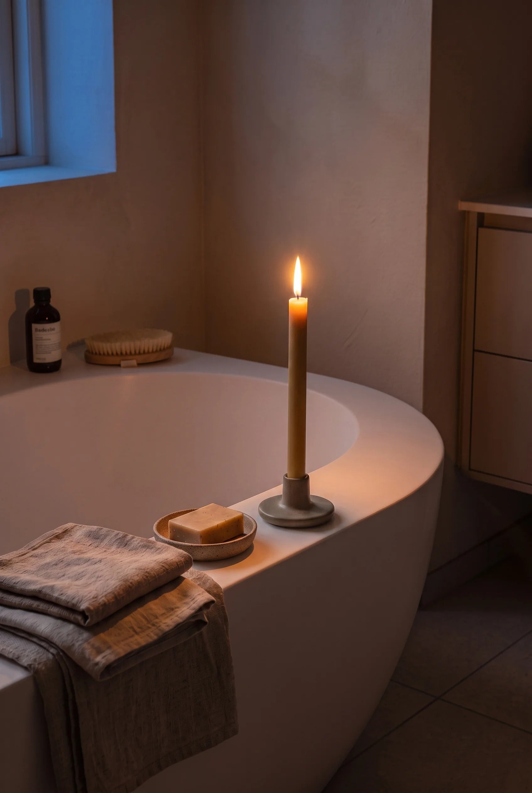 Et tændt gyldent stagelys på badekarrets kant om aftenen — flammens skær over det fyldte kar gør badet til en stille pause.