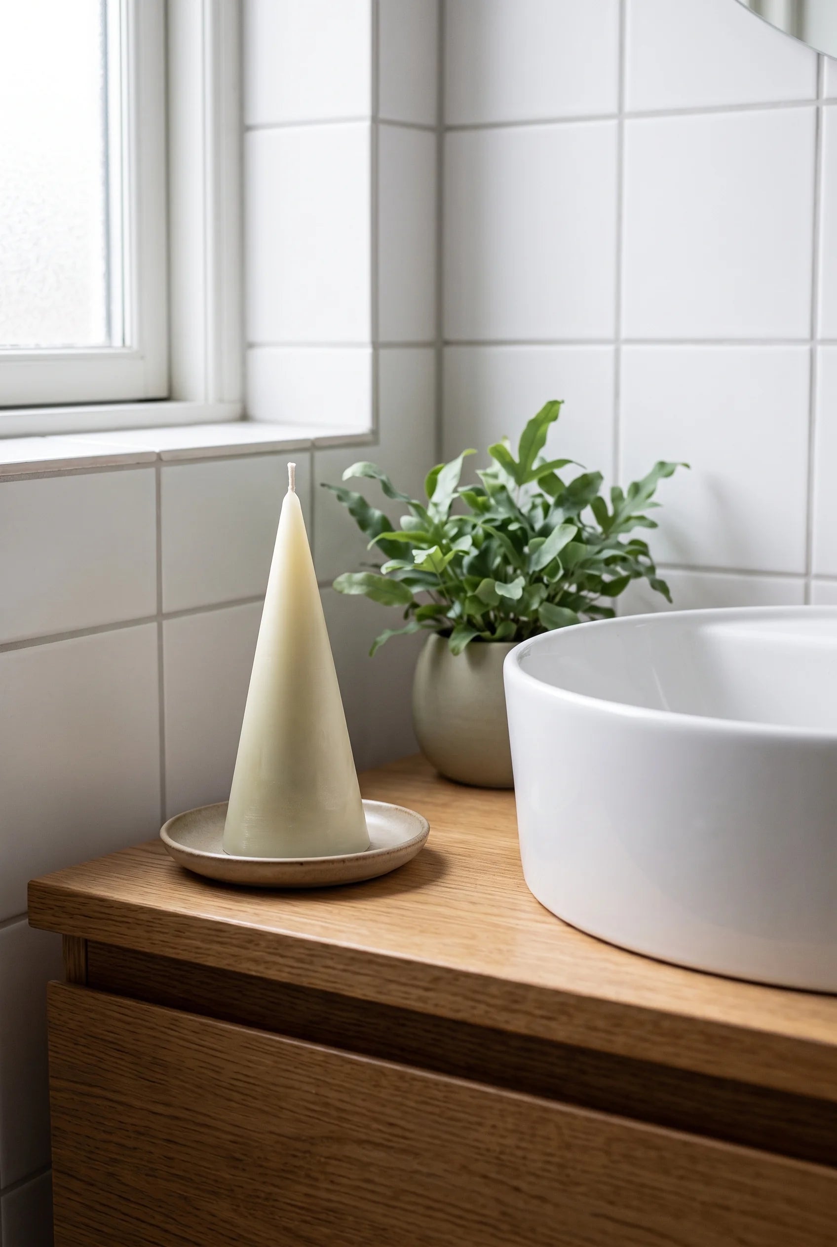 Et lille kegleformet bivokslys på et keramikfad på badeværelsets egetræsvanity ved siden af håndvasken, med hvide fliser og en lille grøn plante i blødt dagslys.