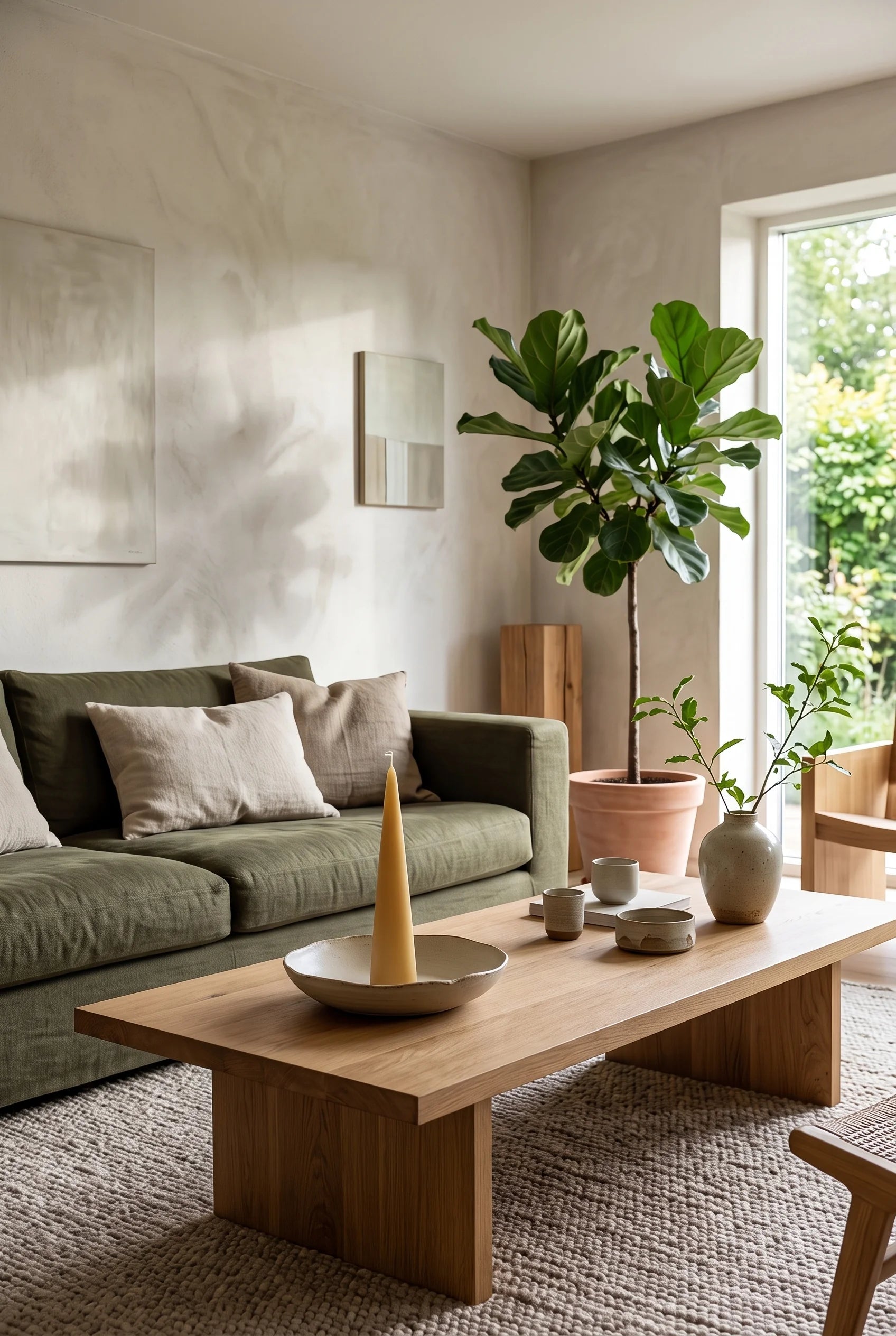 En lys dansk stue med olivengrøn sofa og stort egetræssofabord — et gyldent kegleformet bivokslys i en lav japansk stentøjsskål som rolig skulptur på bordet.
