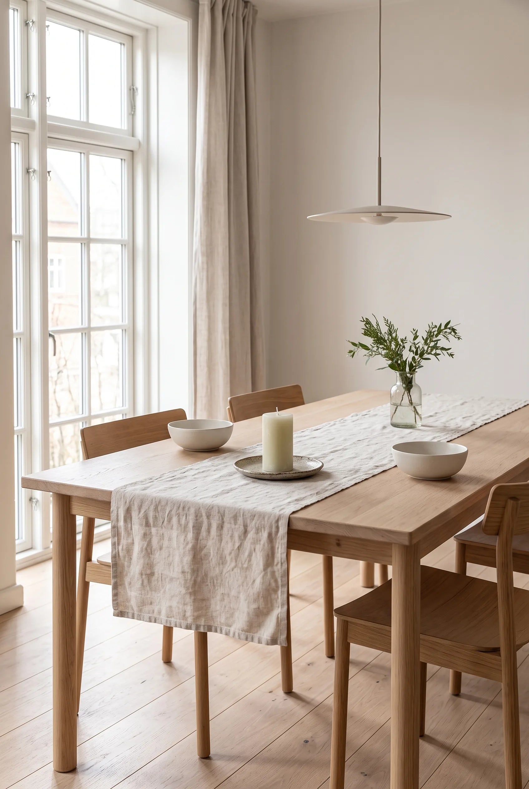 Stubben bloklys på et dækket spisebord med linnedløber og grønt i glas, under en pendel i lyst dagslys.