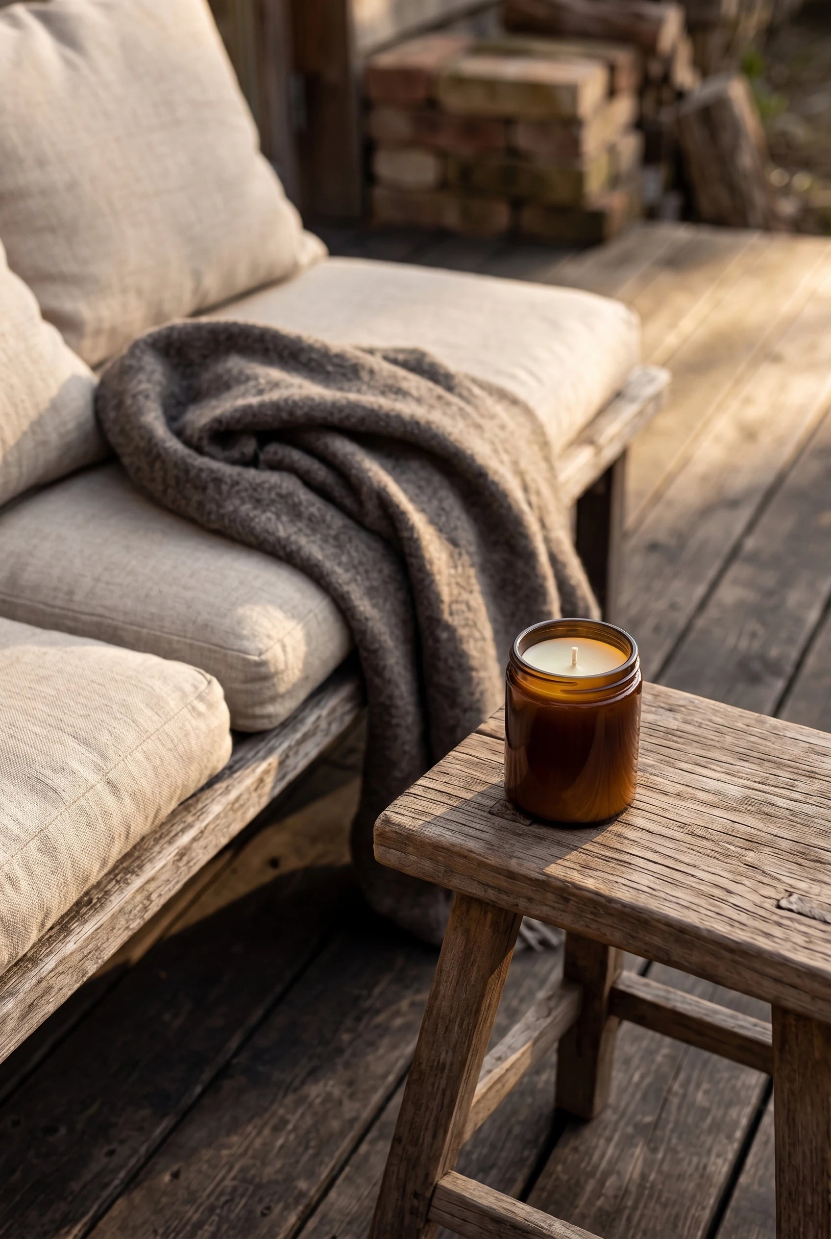 En udendørs loungekrog på trædæk i golden hour — bænk med hørhynder og ulden plaid, og Reden bivokslys i brun krukke på en lille træskammel.